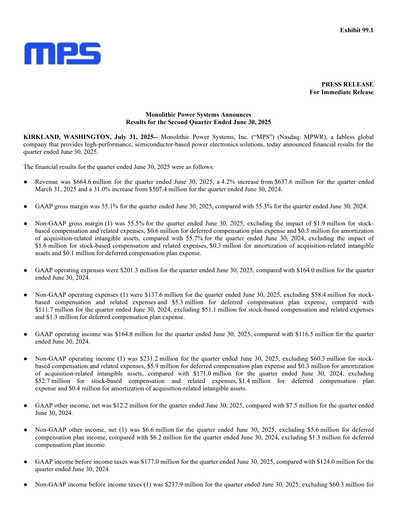 Monolithic Power Systems' Q2 2025 Press Release