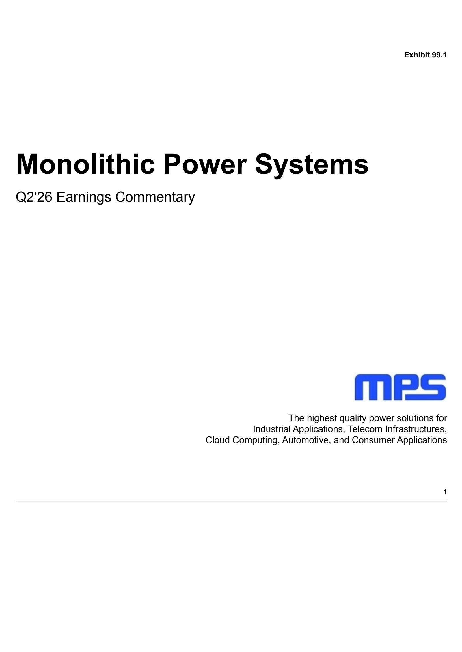 Monolithic Power Systems' Q2 2026 Press Release