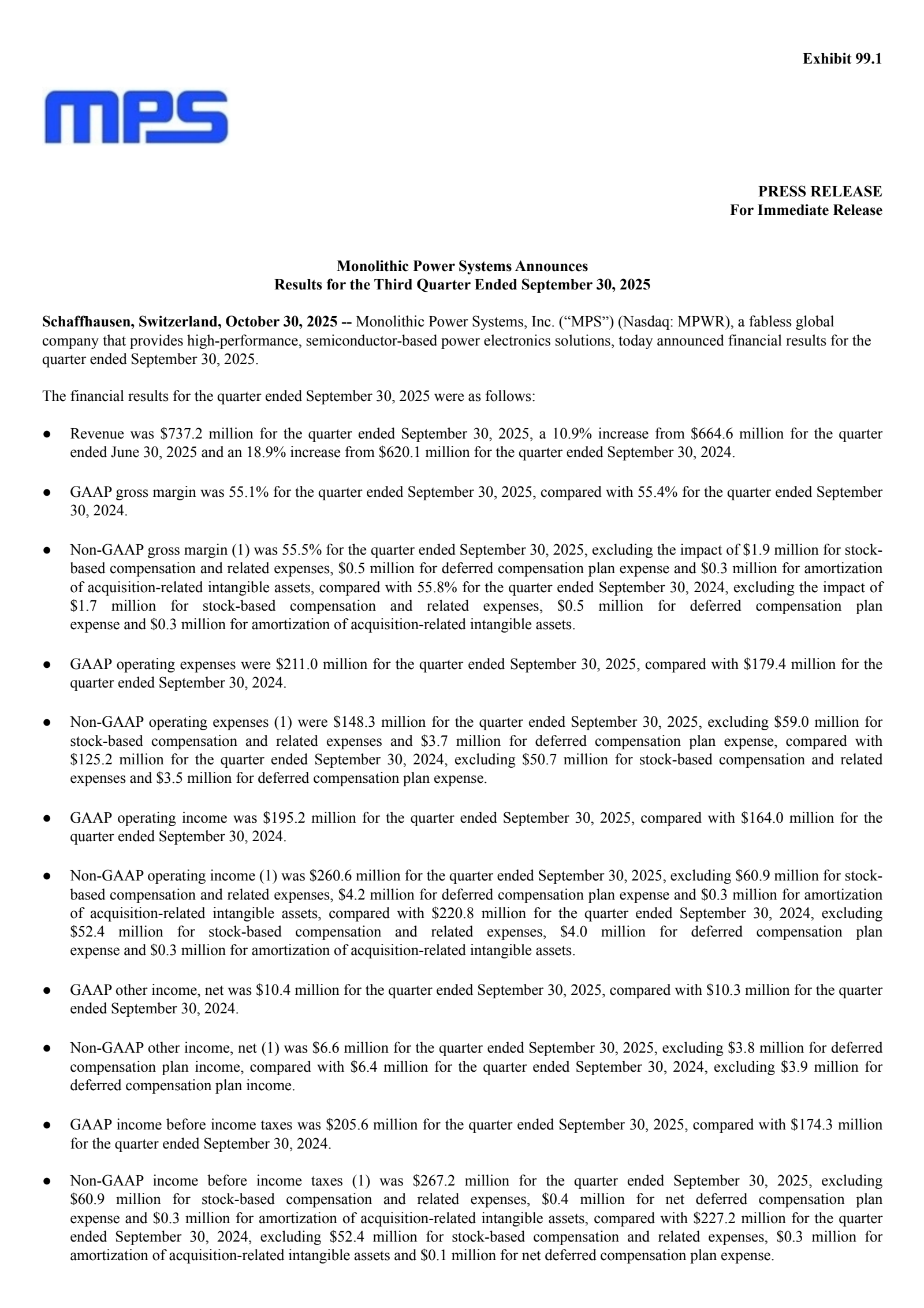Monolithic Power Systems' Q3 2025 Earnings Release