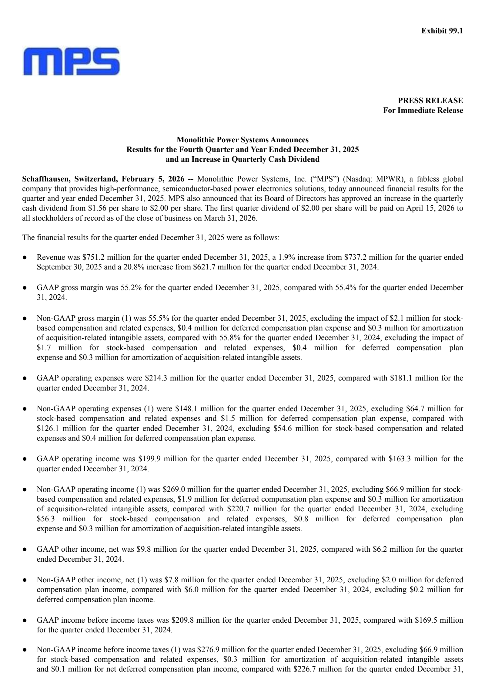 Monolithic Power Systems' Q4 2025 Press Release