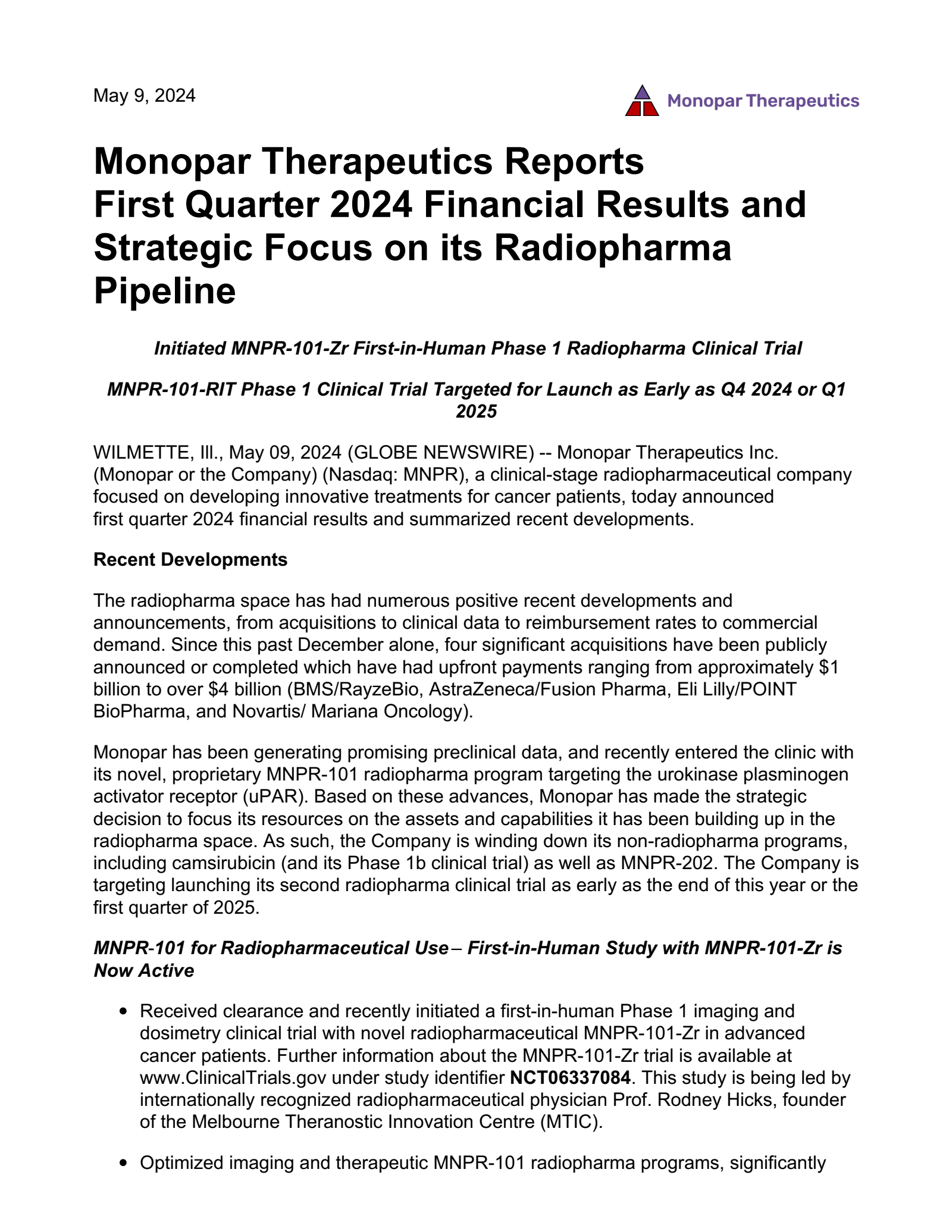 Monopar Therapeutics' Q1 2024 Press Release