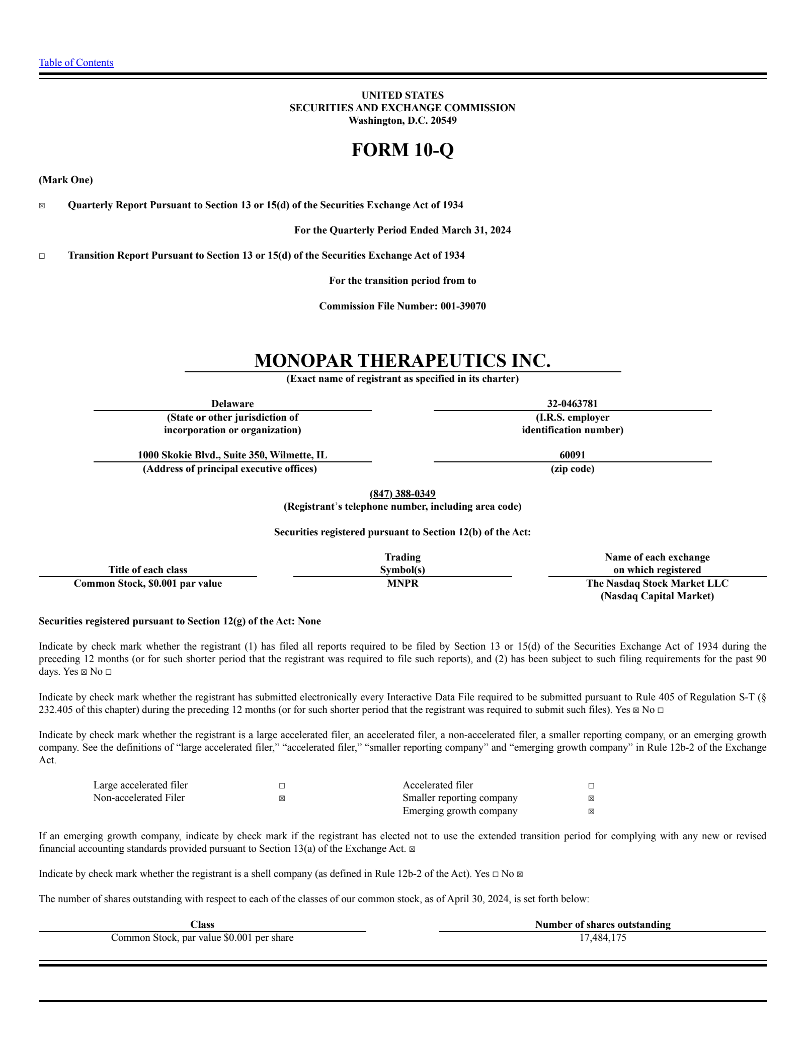 Monopar Therapeutics' Q1 2024 Quarterly report