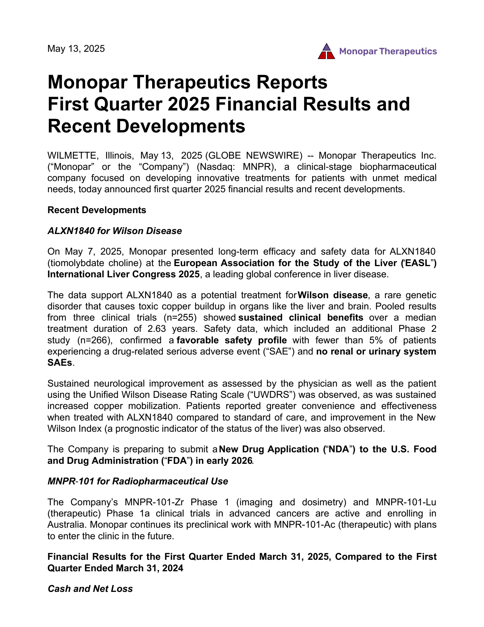 Monopar Therapeutics' Q1 2025 Press Release