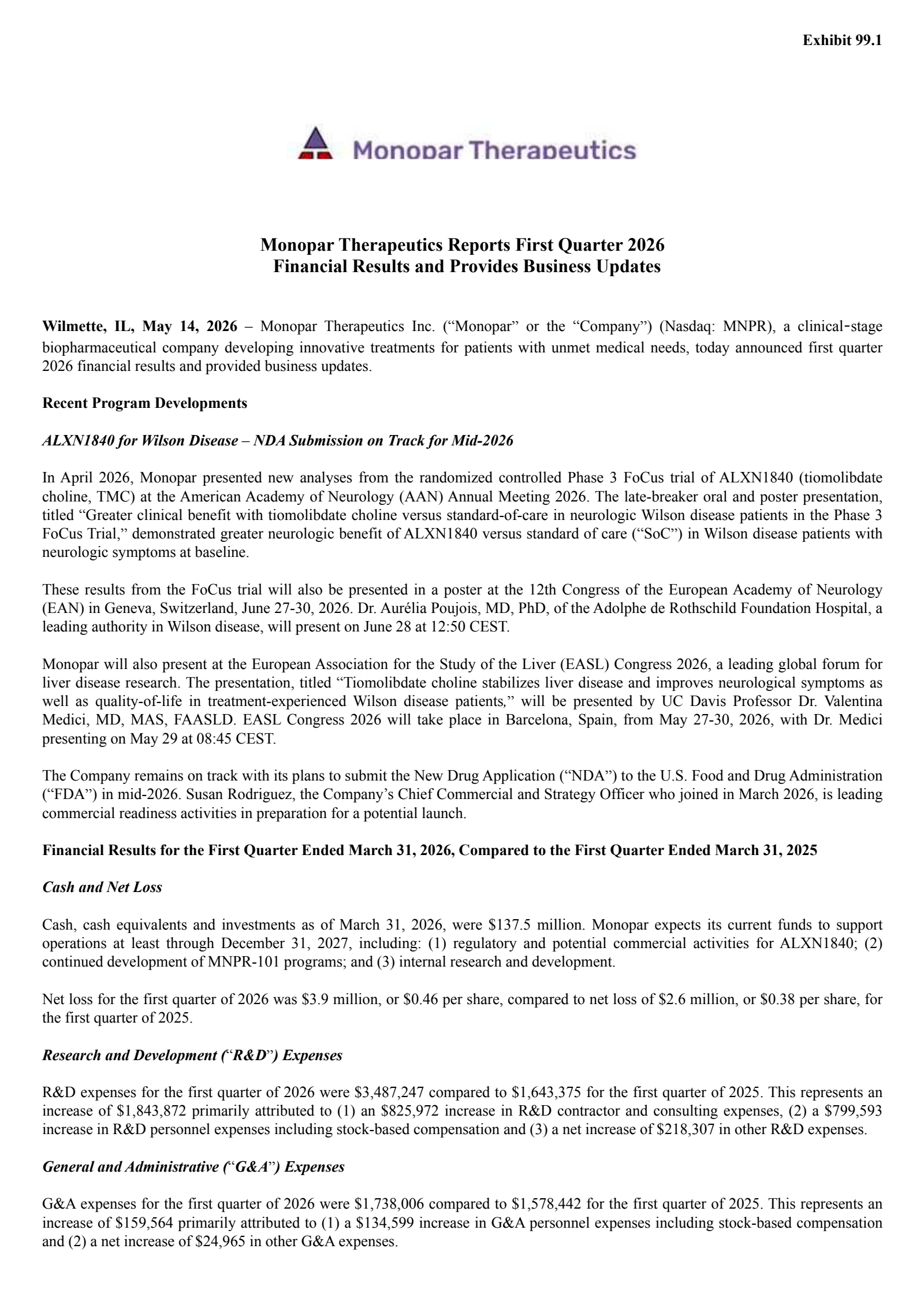 Monopar Therapeutics' Q1 2026 Press Release