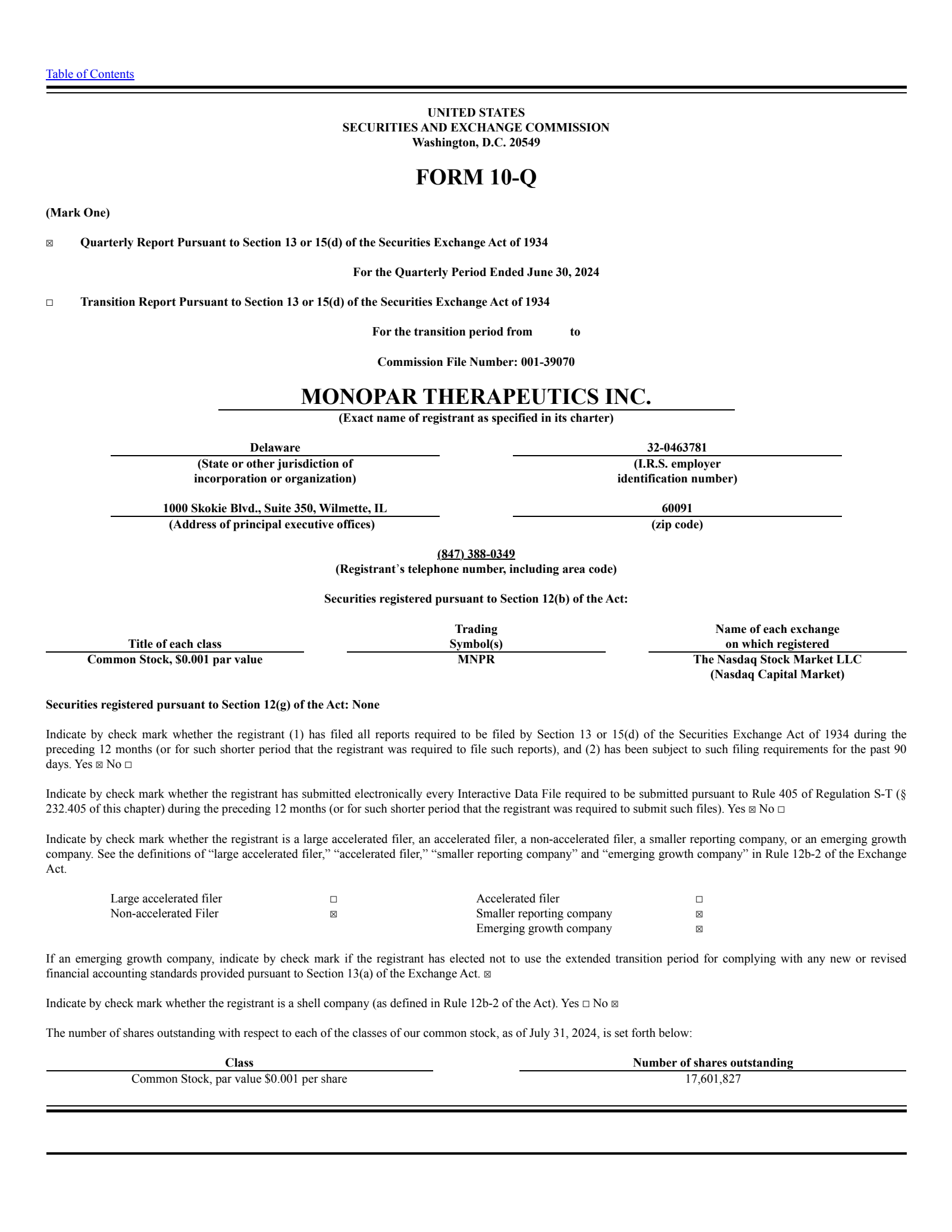 Monopar Therapeutics' Q2 2024 Quarterly report