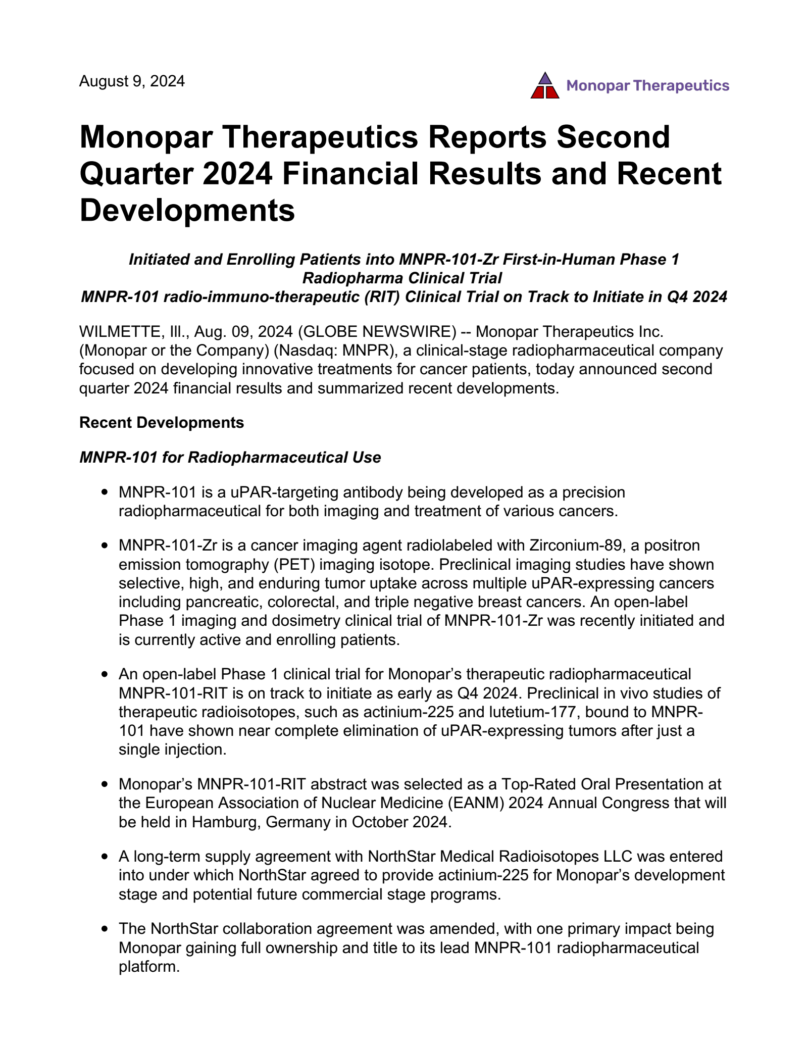 Monopar Therapeutics' Q2 2024 Press Release