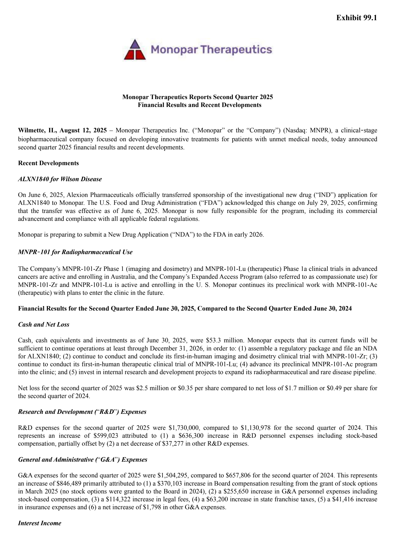 Monopar Therapeutics' Q2 2025 Press Release