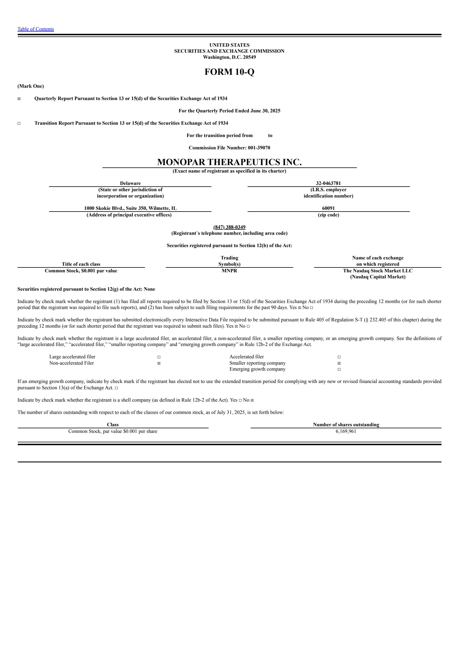Monopar Therapeutics' Q2 2025 Quarterly report