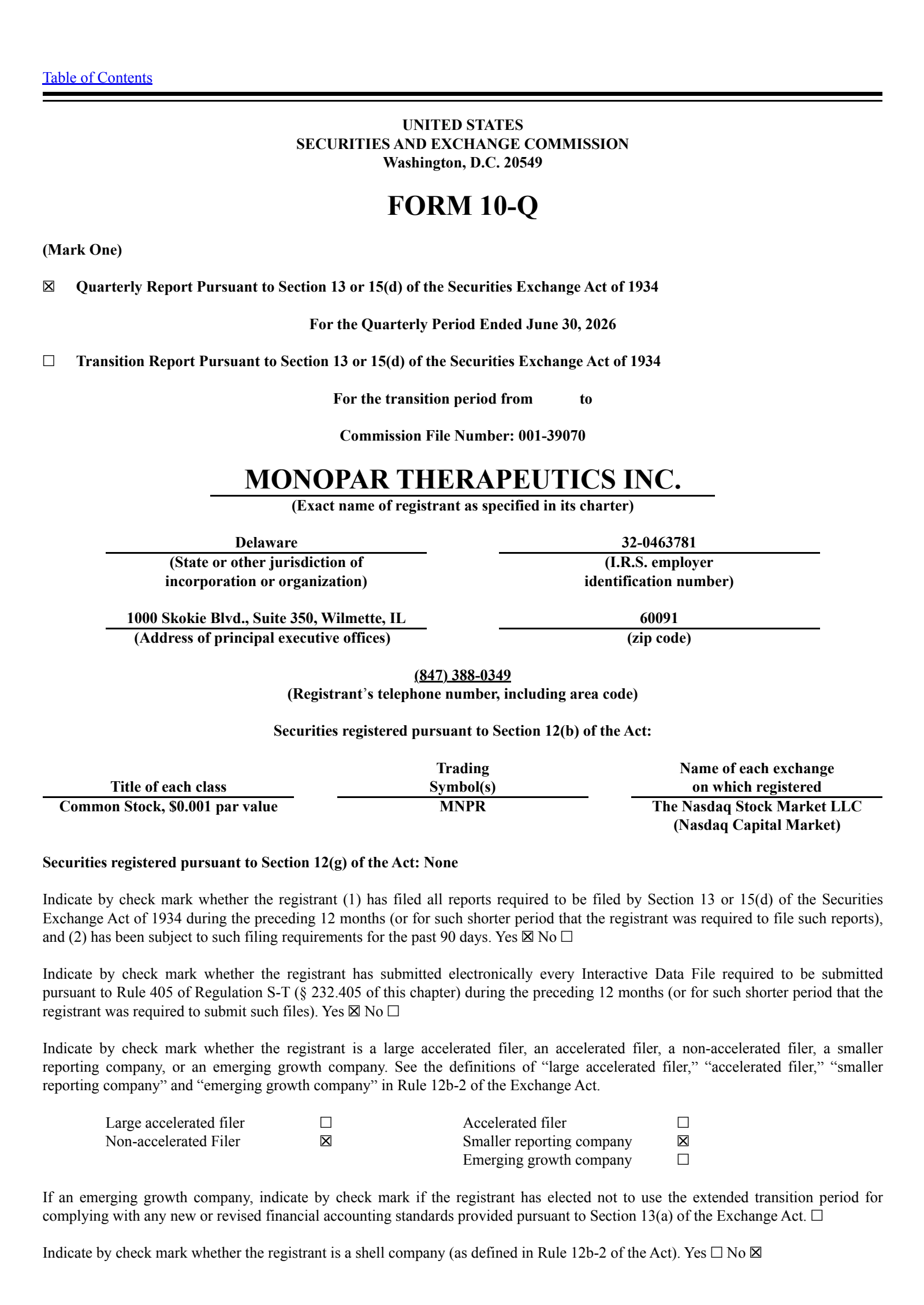 Monopar Therapeutics' Q2 2026 Quarterly report