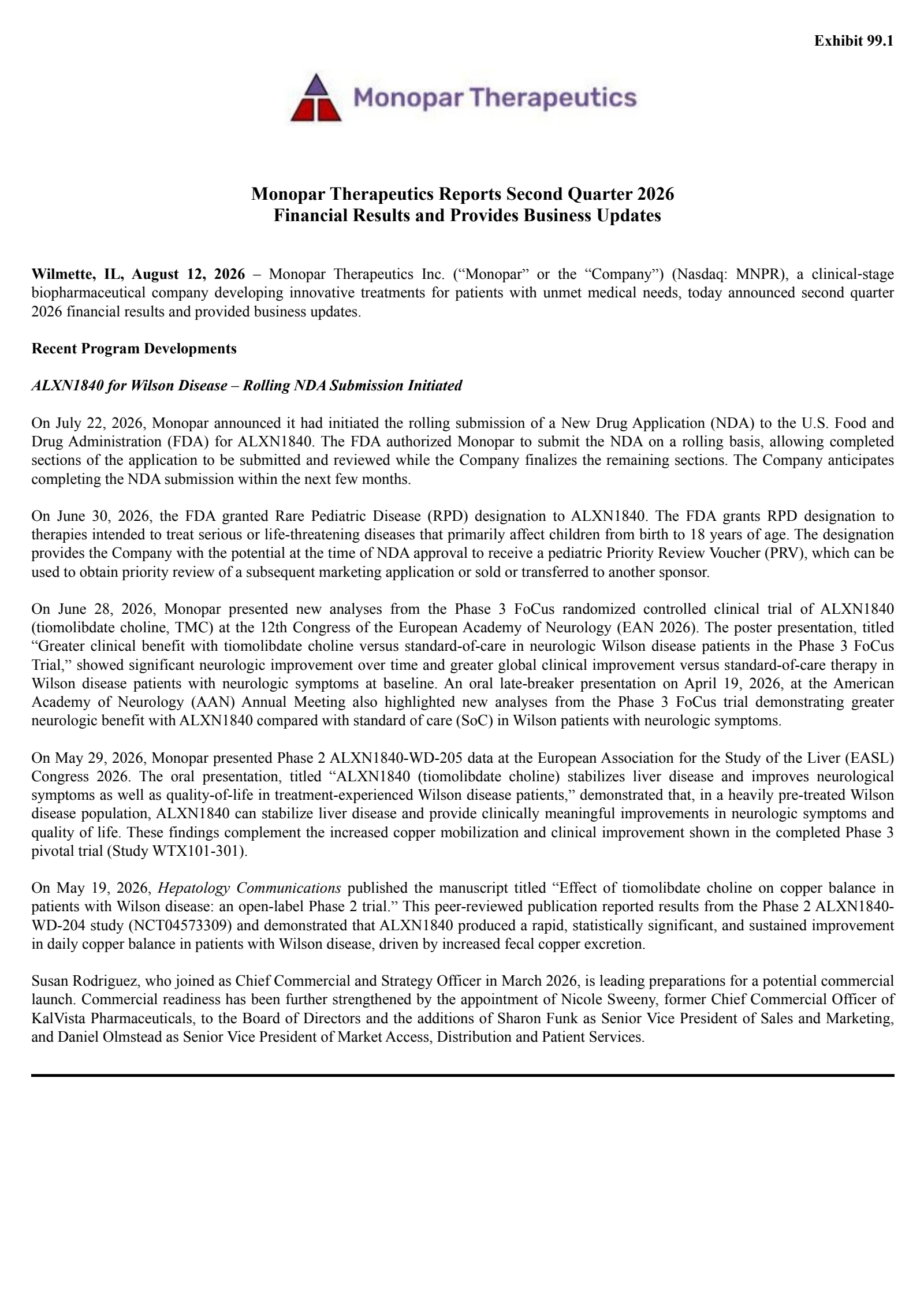 Monopar Therapeutics' Q2 2026 Press Release