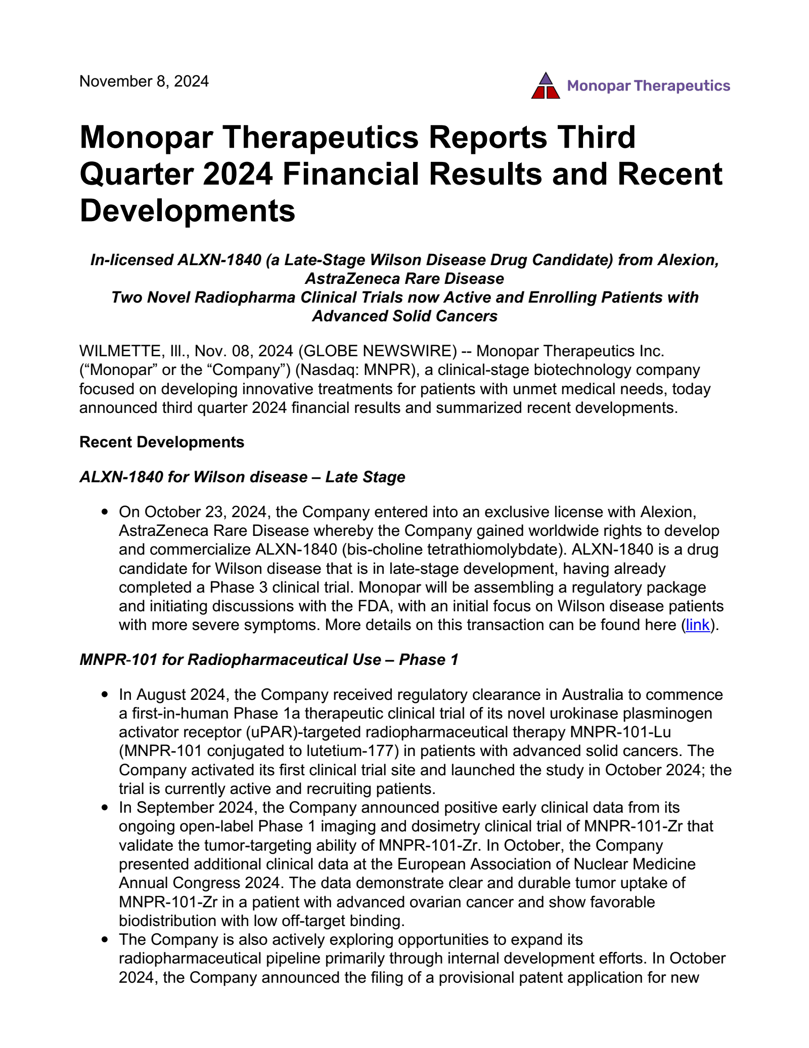 Monopar Therapeutics' Q3 2024 Press Release