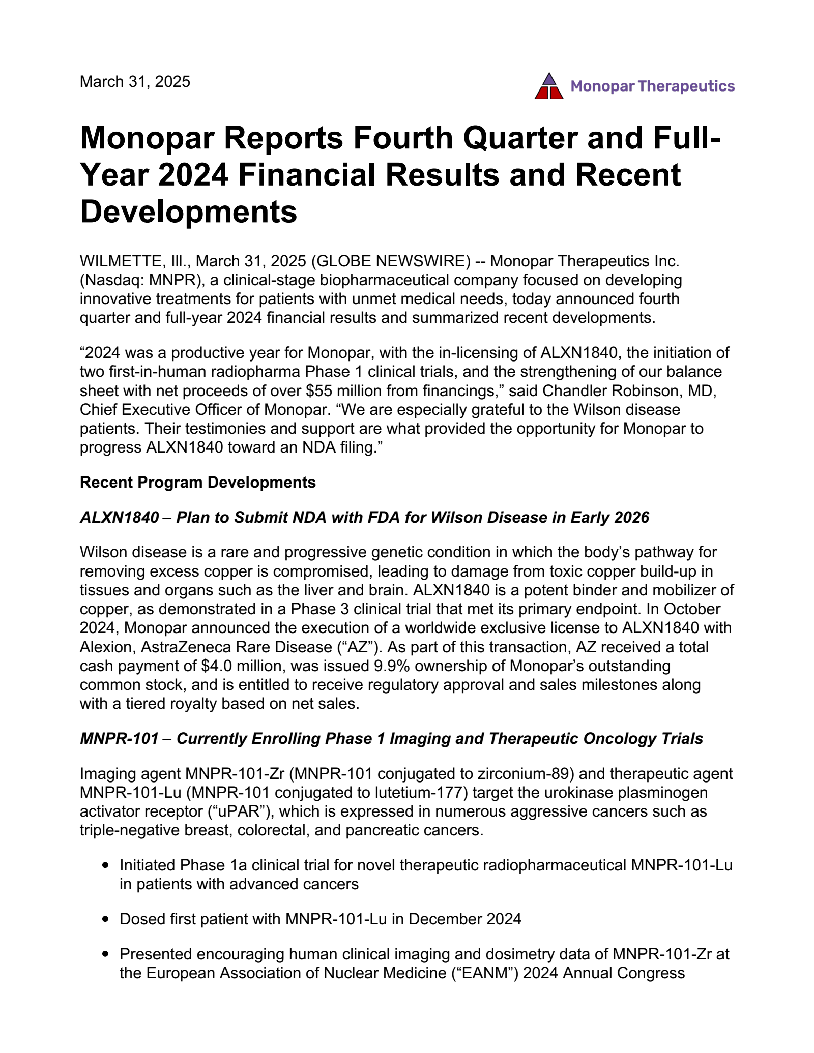 Monopar Therapeutics' Q4 2024 Press Release
