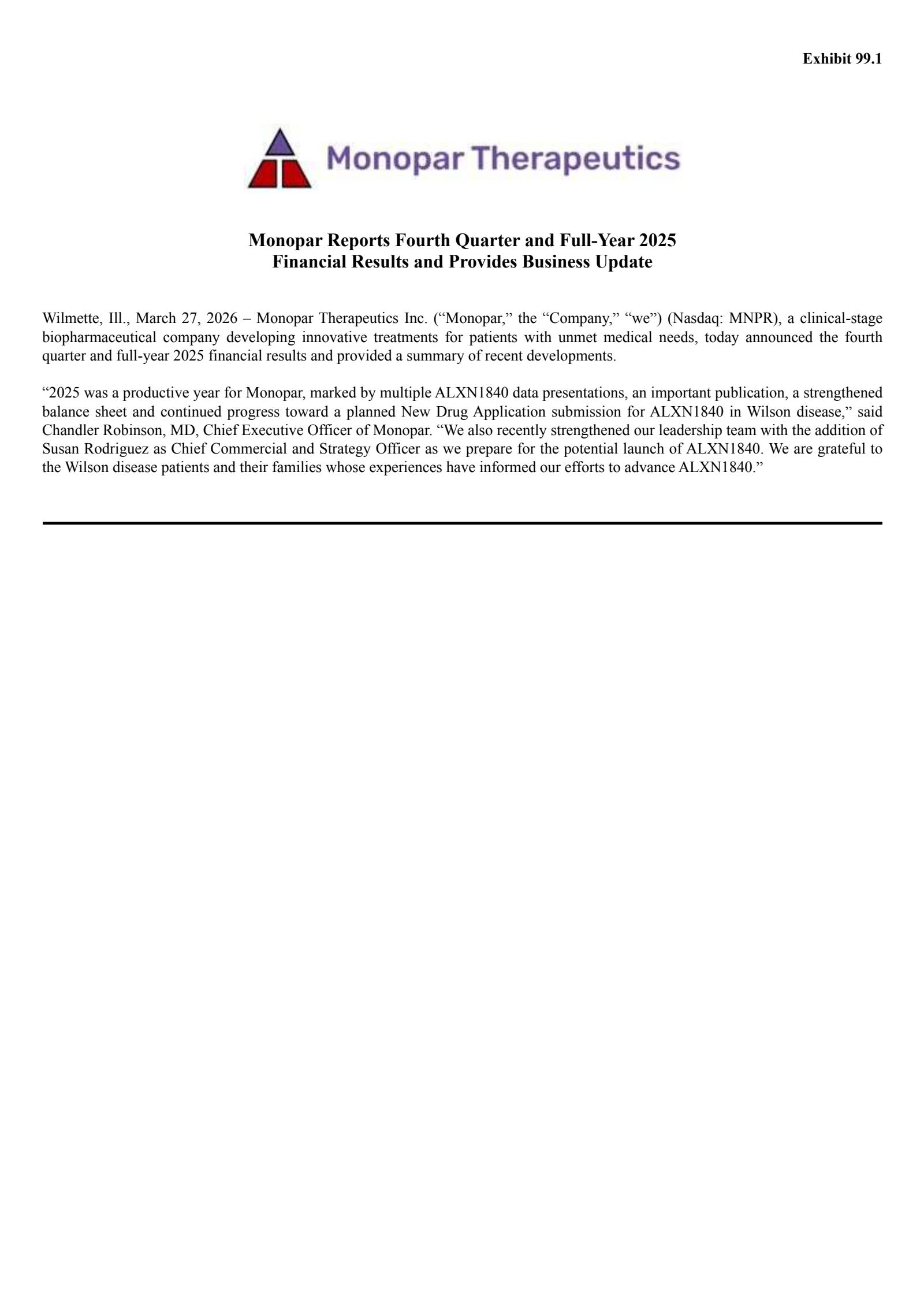 Monopar Therapeutics' Q4 2025 Press Release
