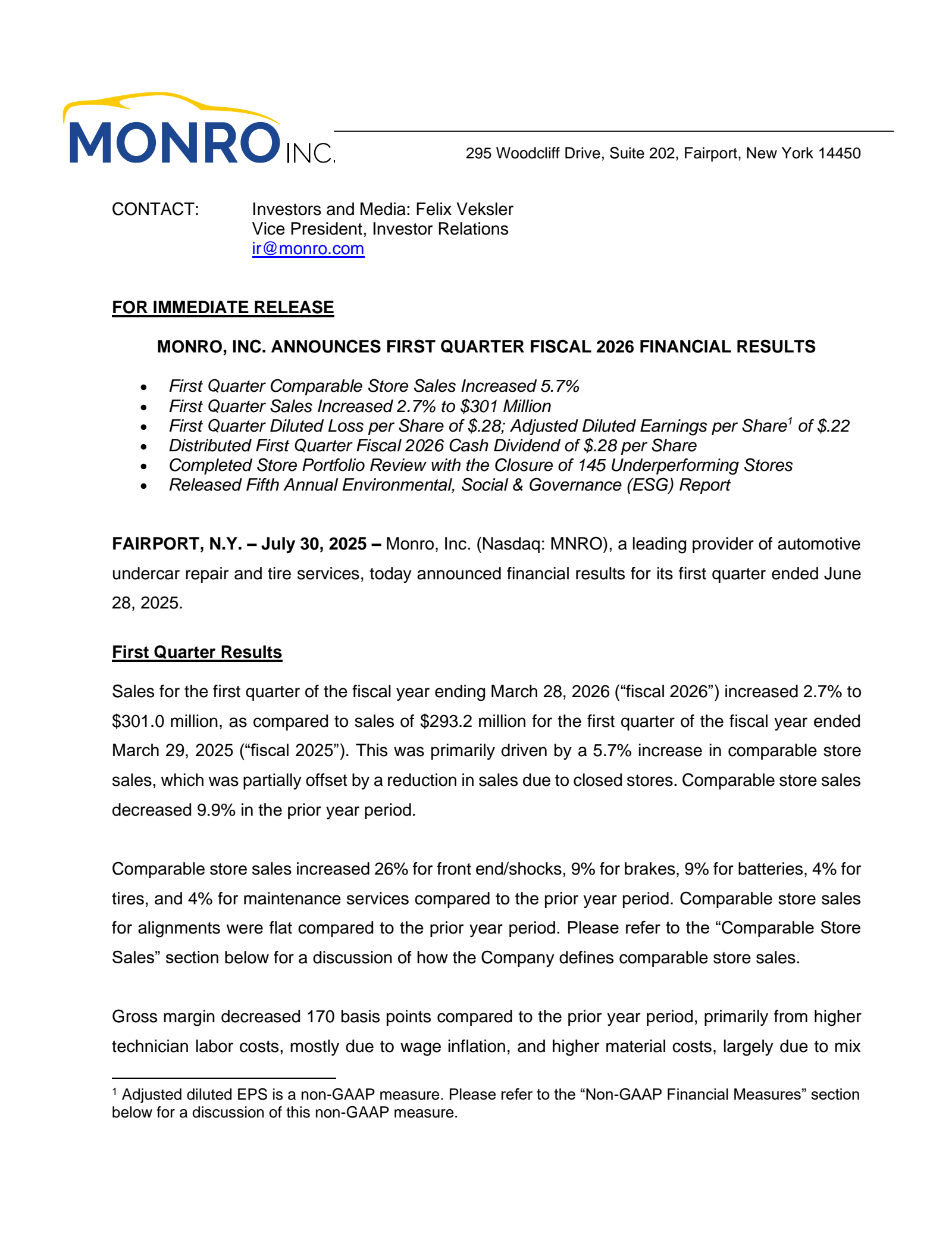 Monro Muffler Brake's Q1 2026 Press Release