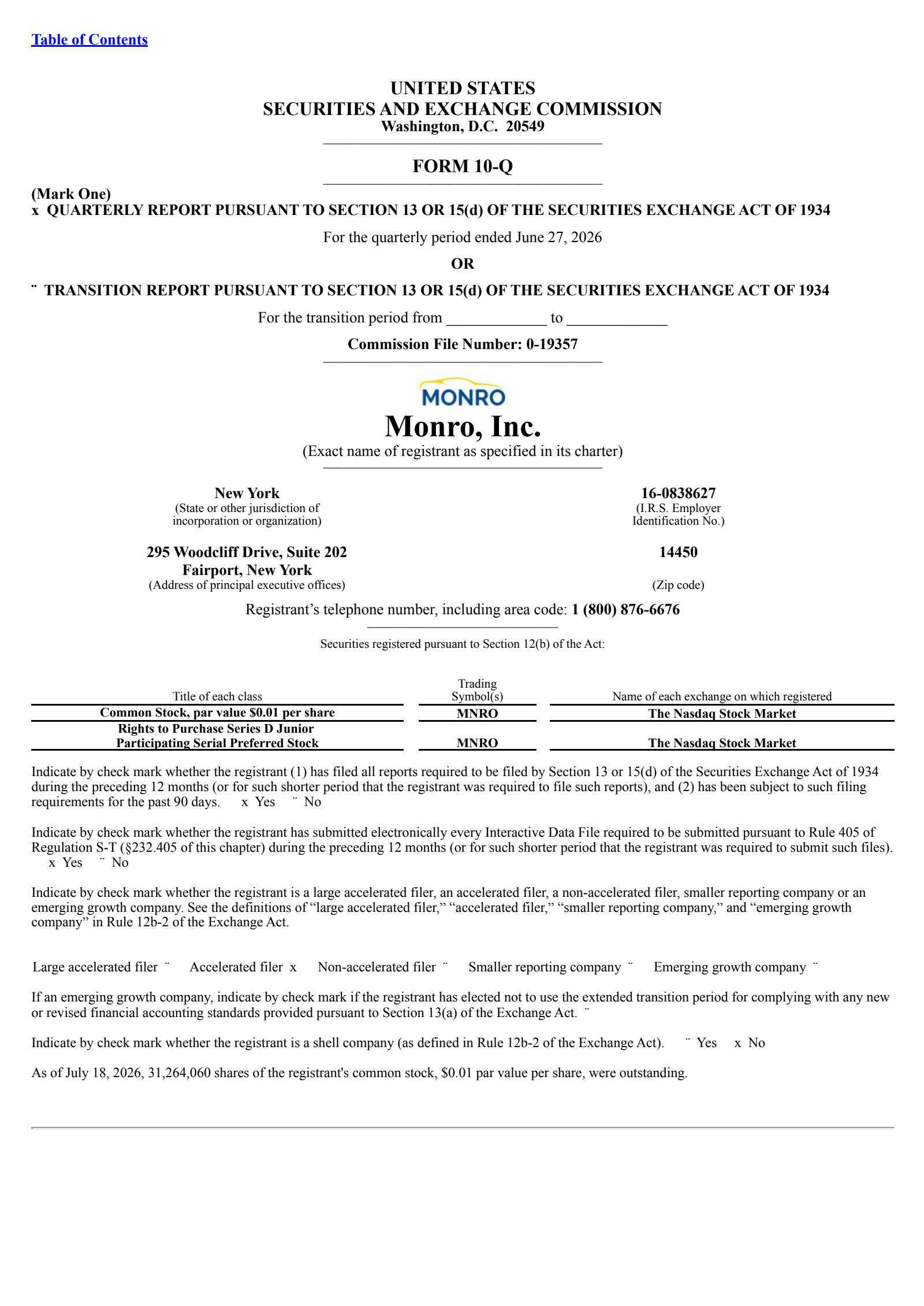 Monro Muffler Brake's Q1 2027 Quarterly report