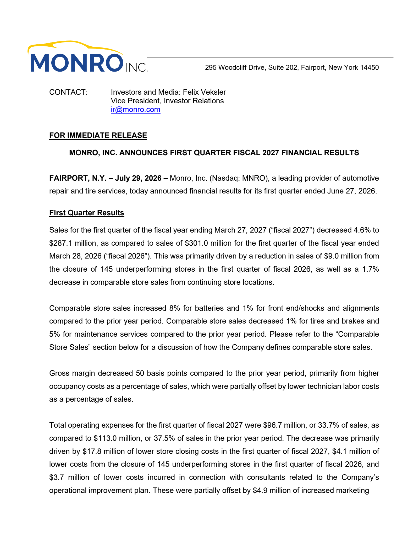 Monro Muffler Brake's Q1 2027 Press Release
