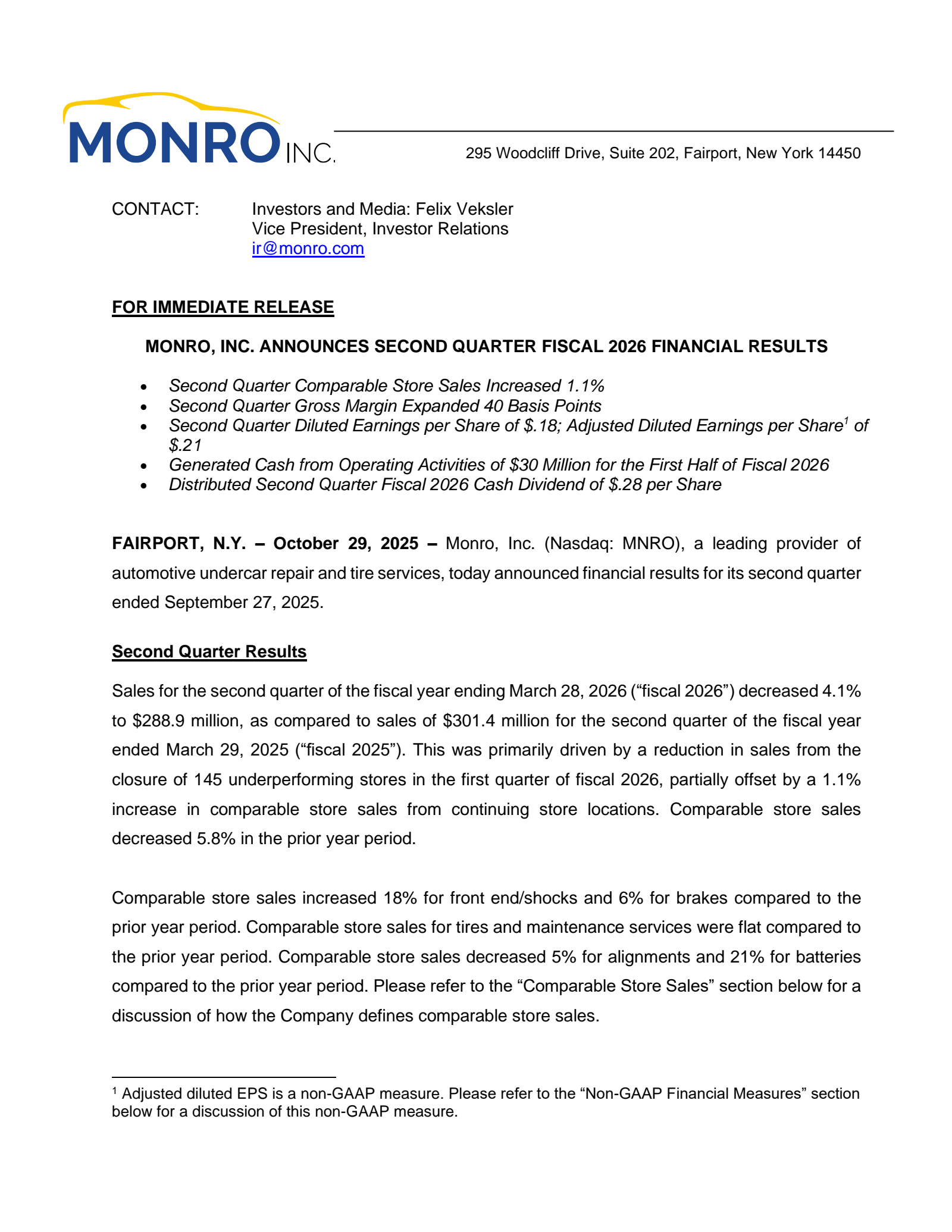 Monro Muffler Brake's Q2 2026 Earnings Release