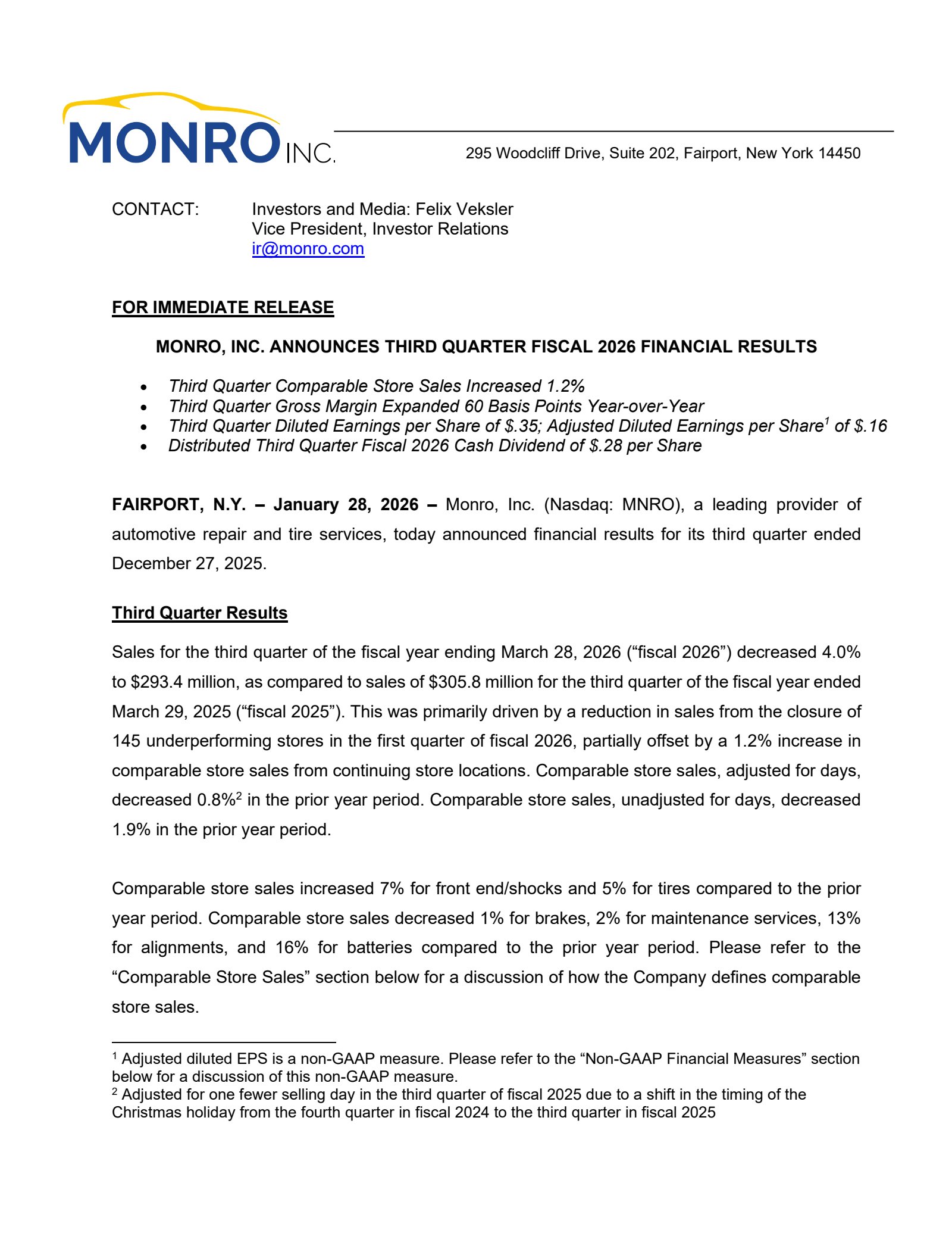 Monro Muffler Brake's Q3 2026 Press Release