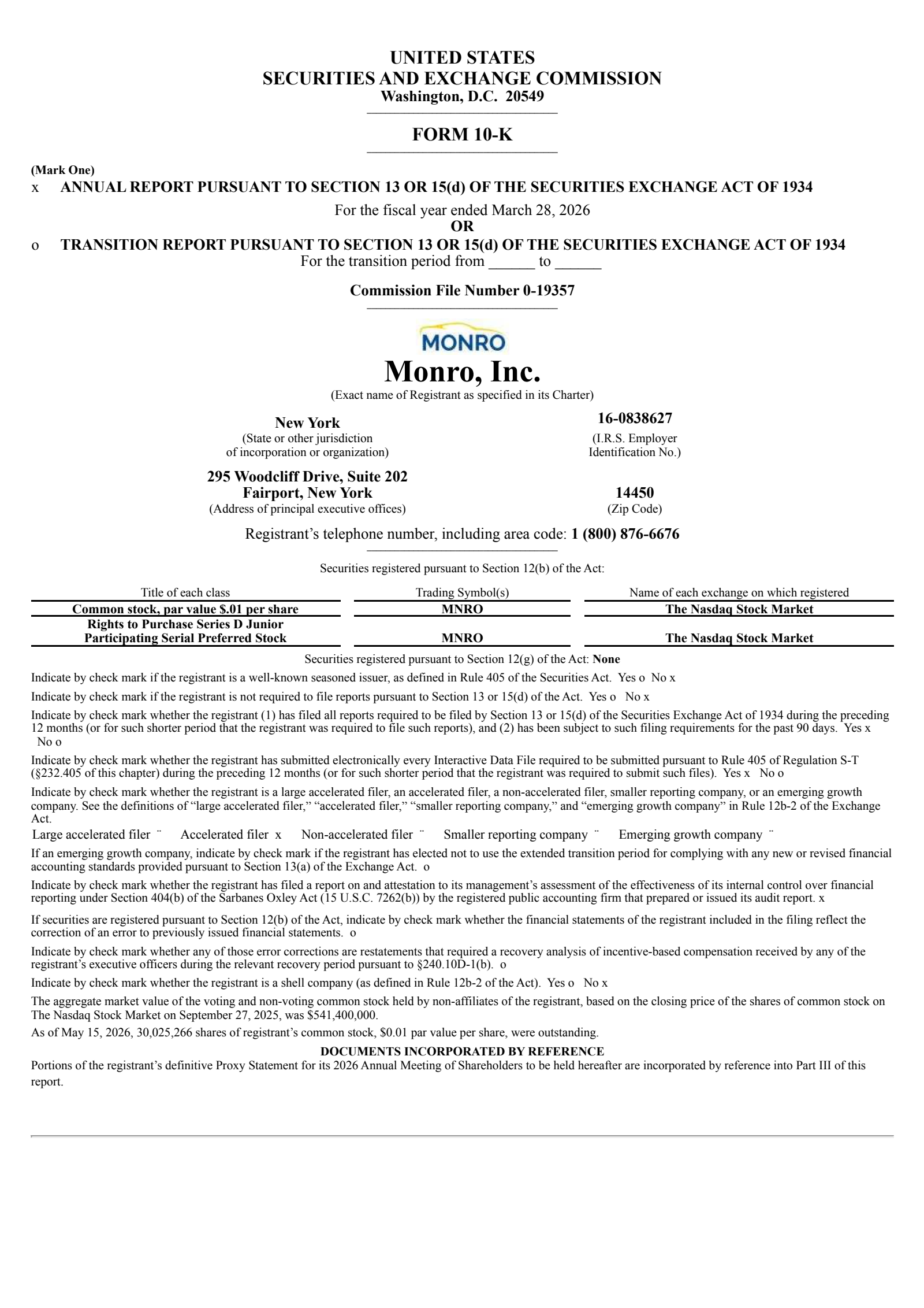 Monro Muffler Brake's Q4 2026 Annual report