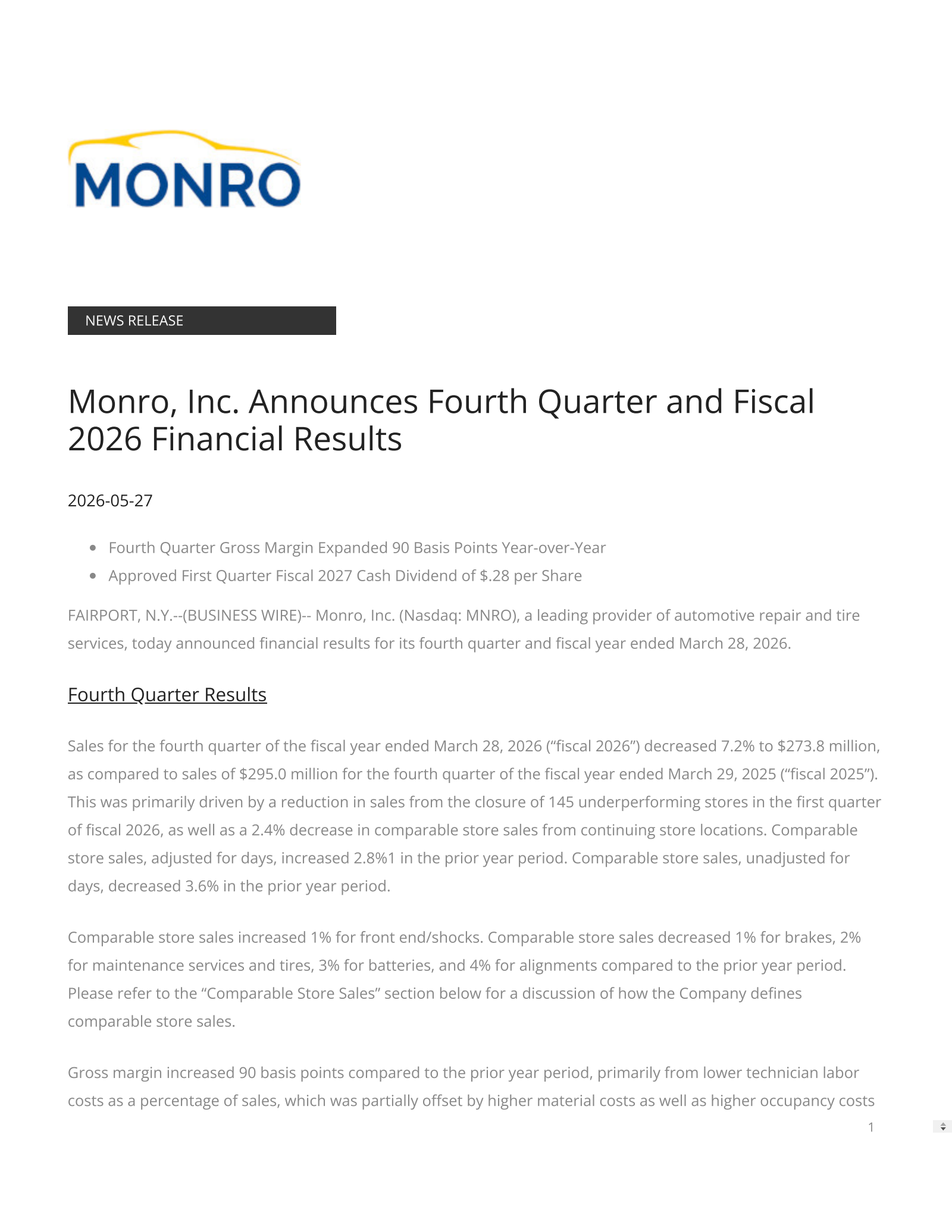 Monro Muffler Brake's Q4 2026 Press Release