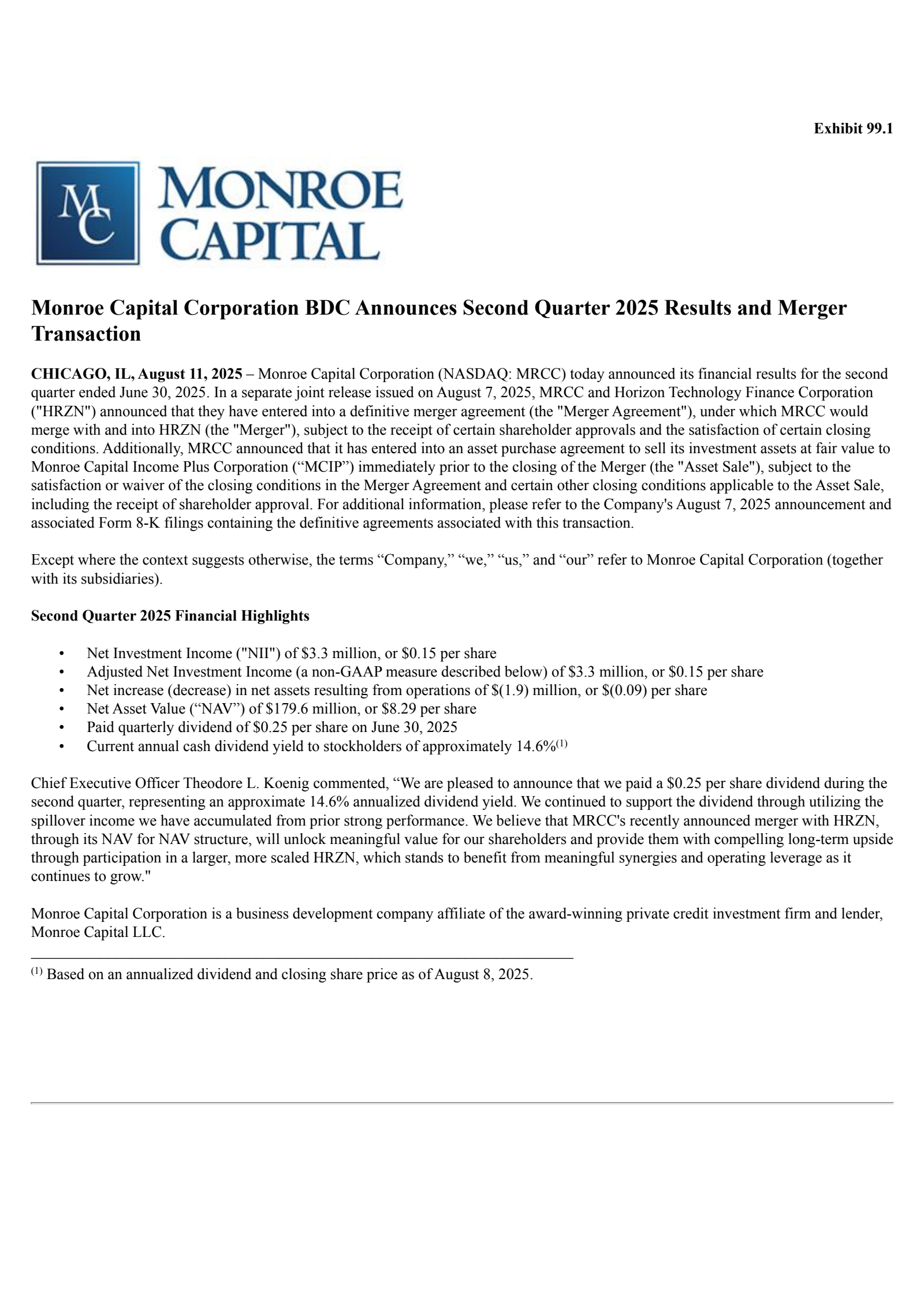 Monroe Capital's Q2 2025 Press Release
