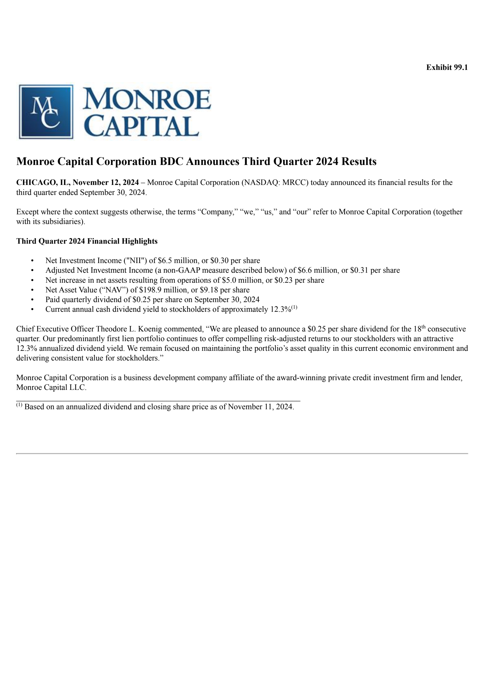 Monroe Capital's Q3 2024 Press Release