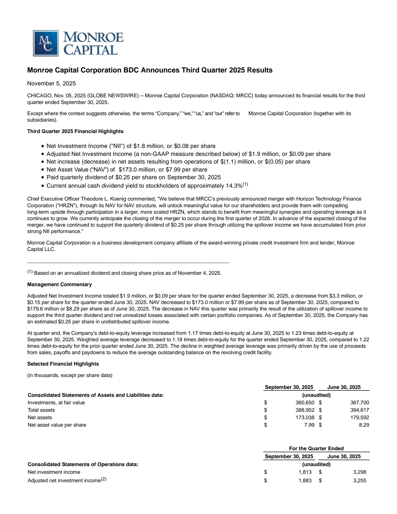 Monroe Capital's Q3 2025 Earnings Release