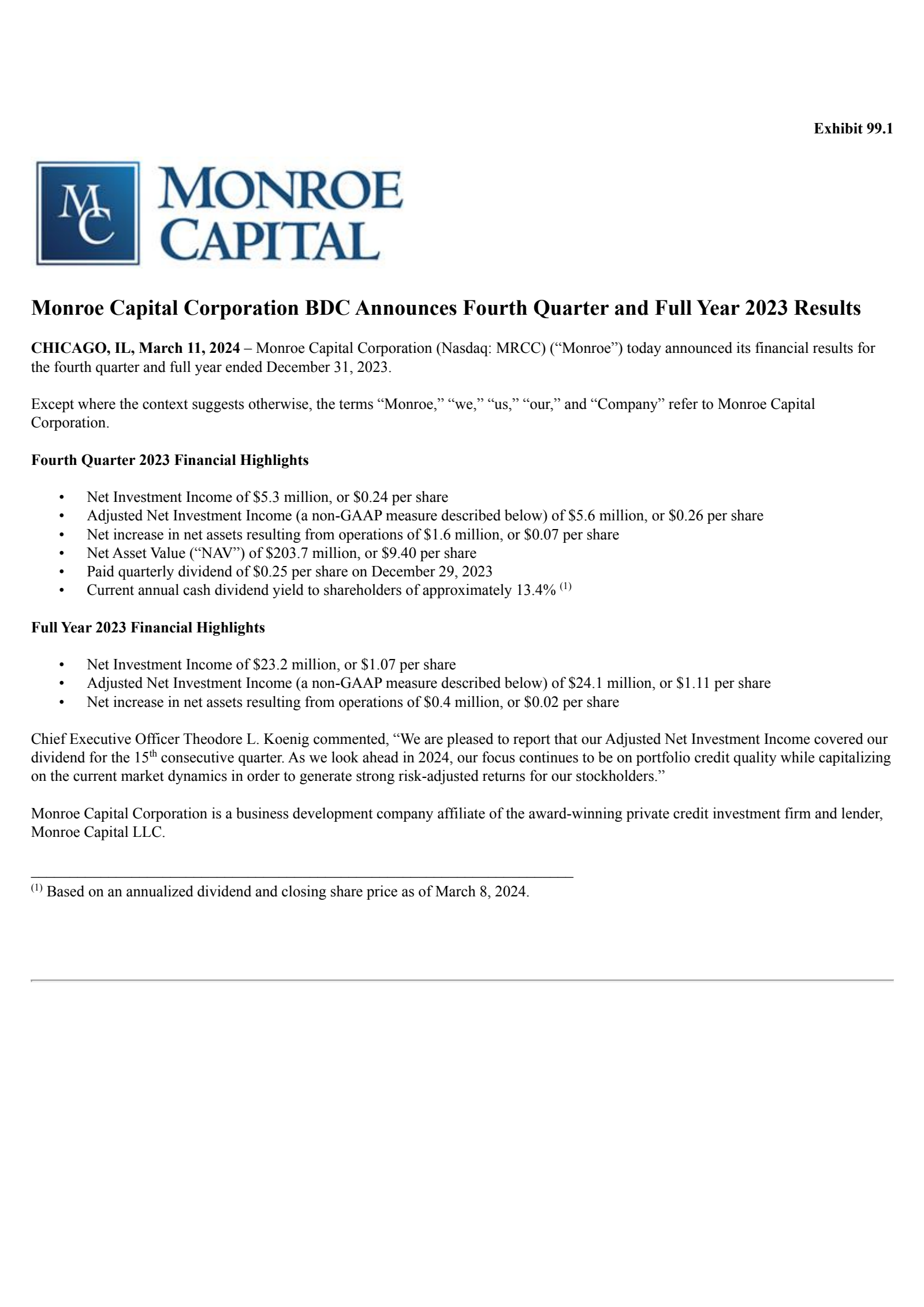 Monroe Capital's Q4 2023 Press Release