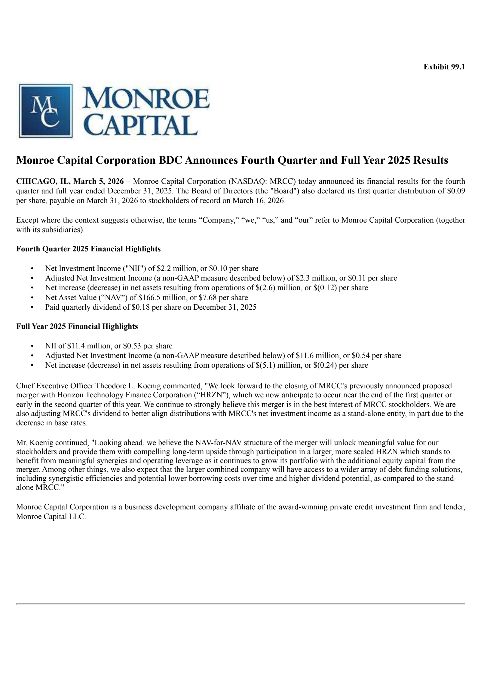 Monroe Capital's Q4 2025 Press Release