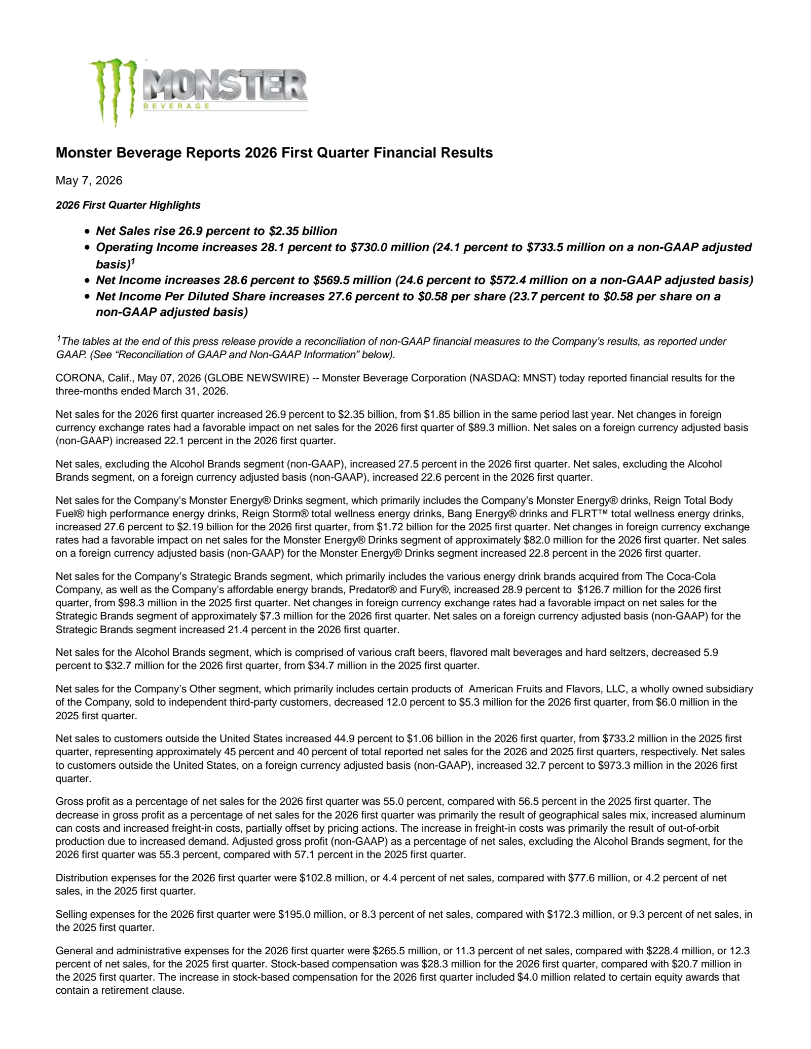 Monster Beverage's Q1 2026 Press Release