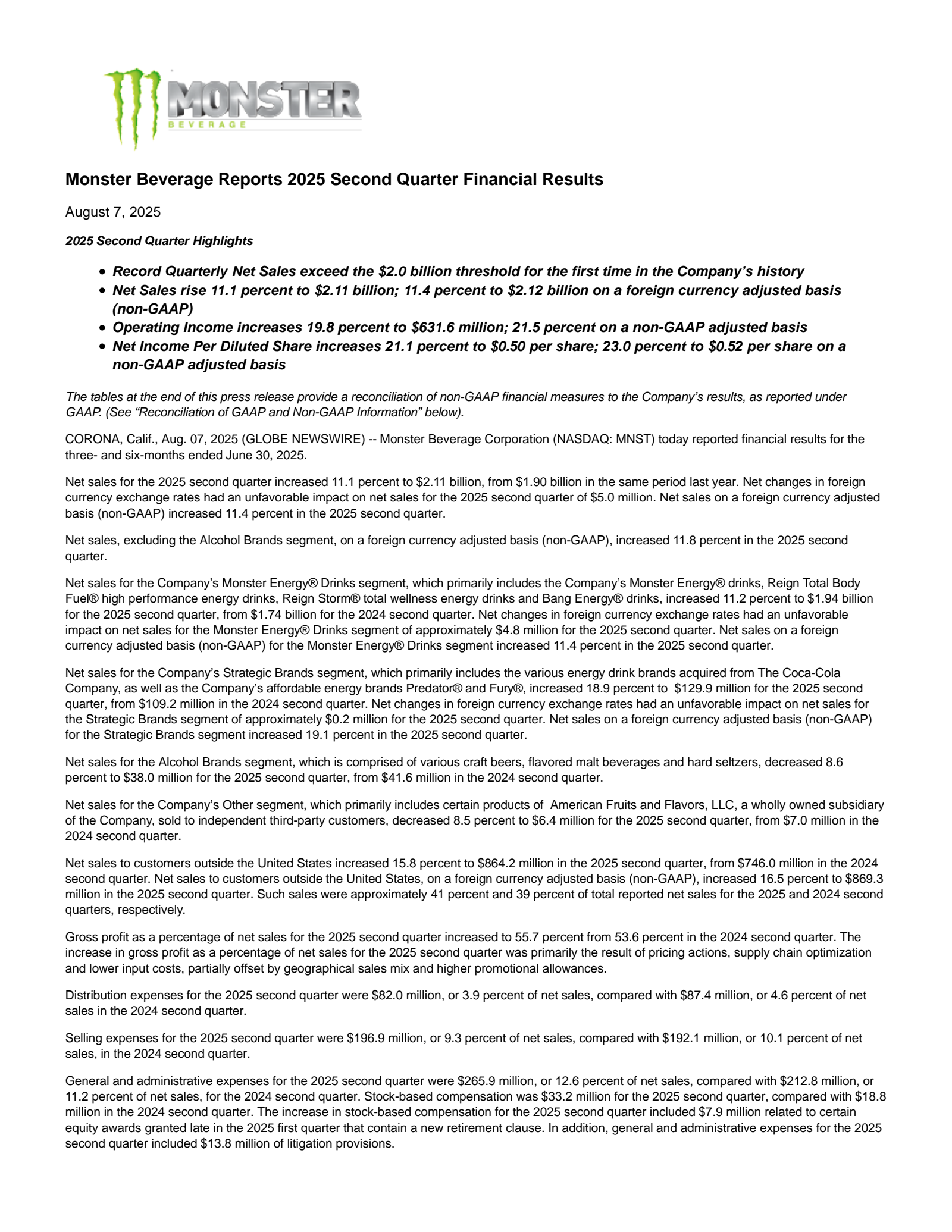 Monster Beverage's Q2 2025 Press Release