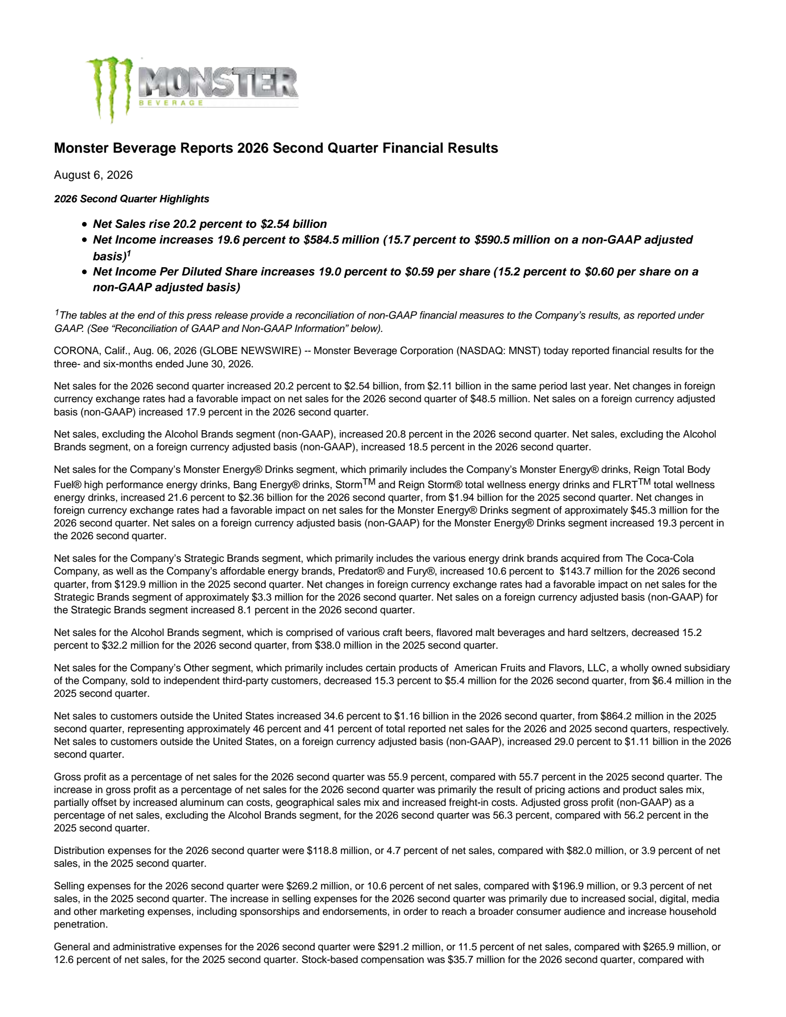 Monster Beverage's Q2 2026 Press Release
