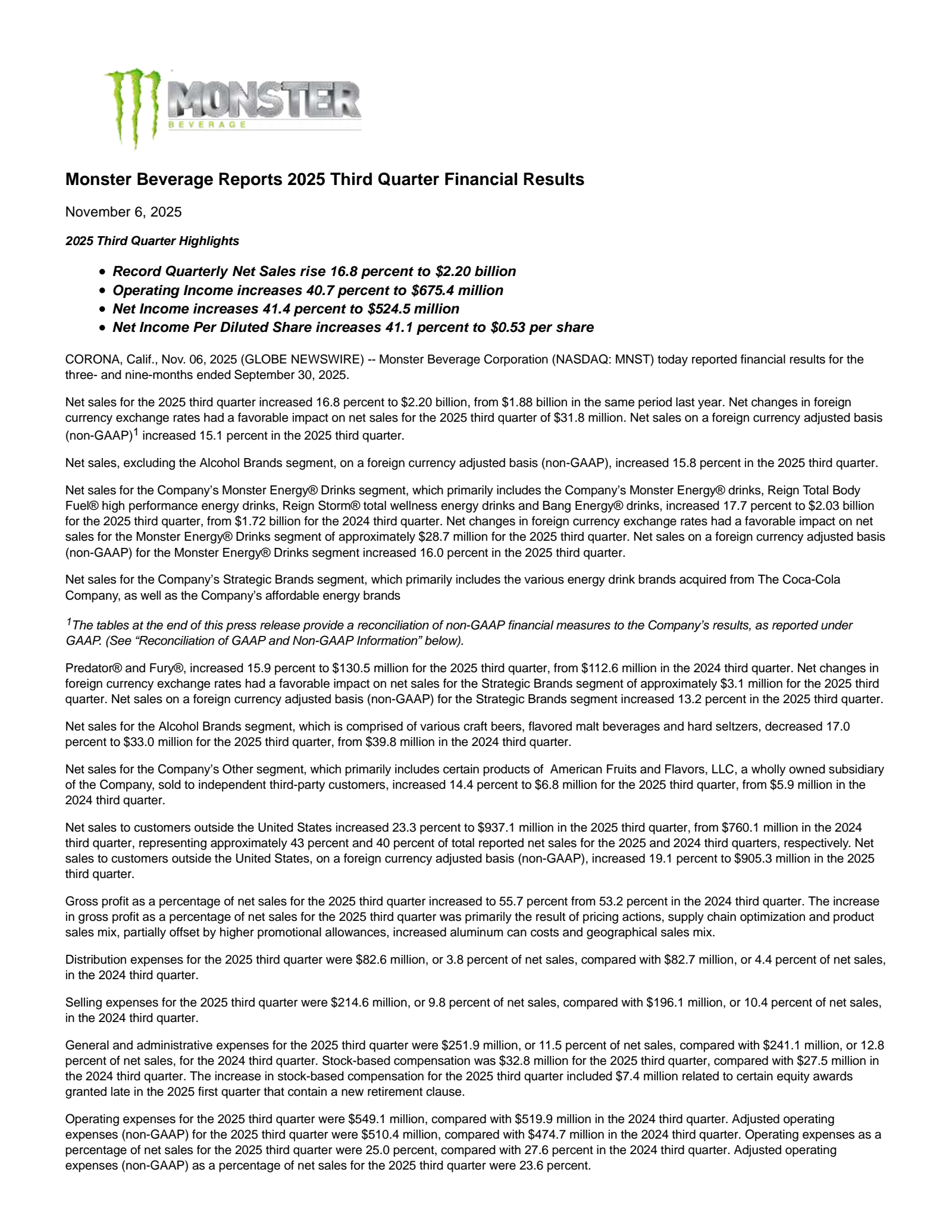 Monster Beverage's Q3 2025 Earnings Release