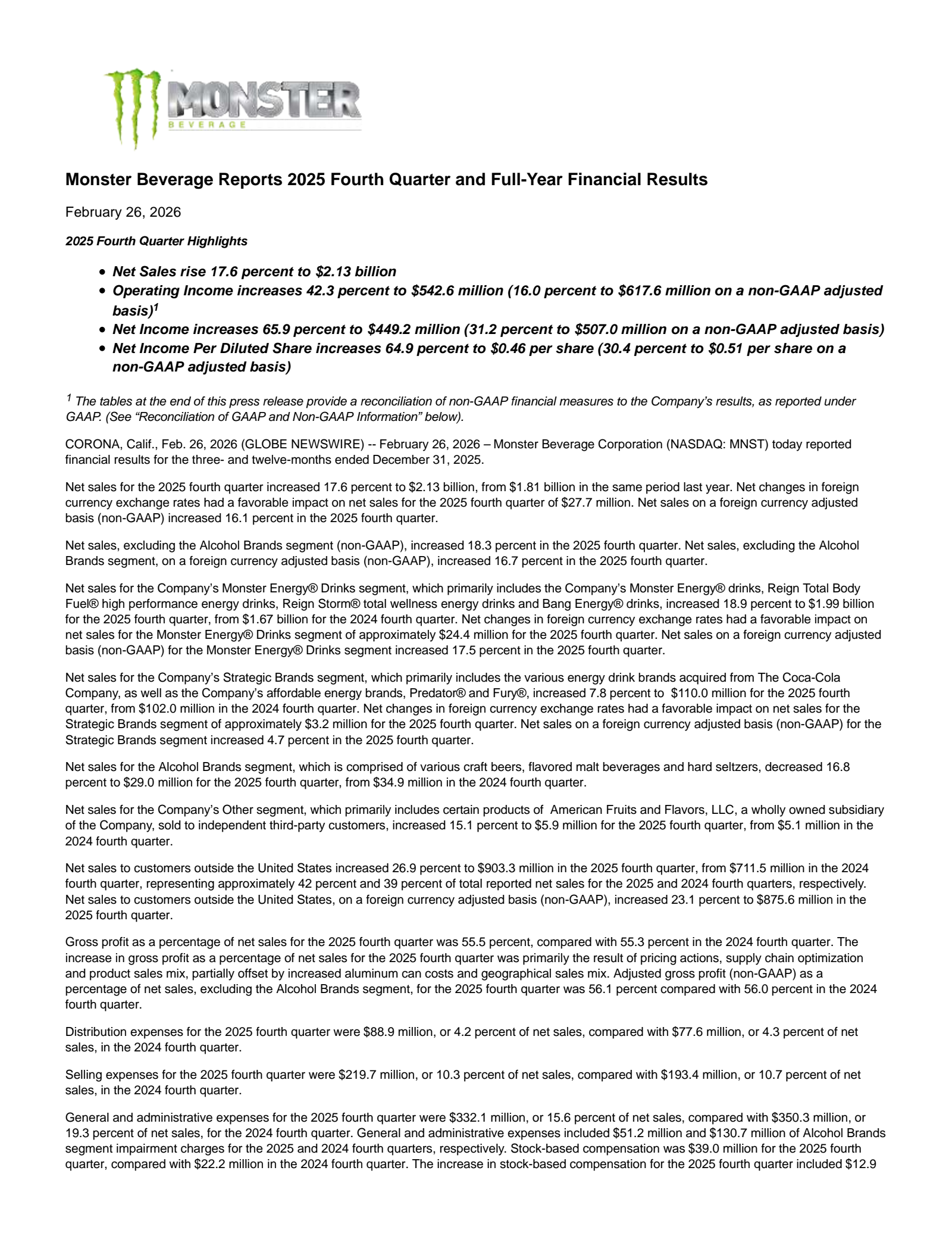 Monster Beverage's Q4 2025 Press Release
