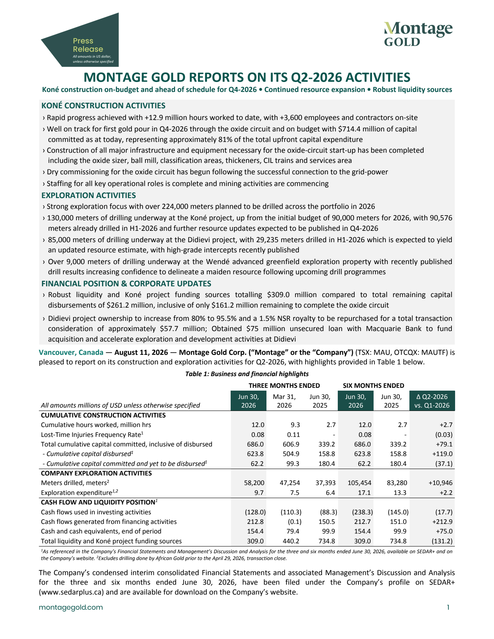 Montage Gold's Q2 2026 Press Release