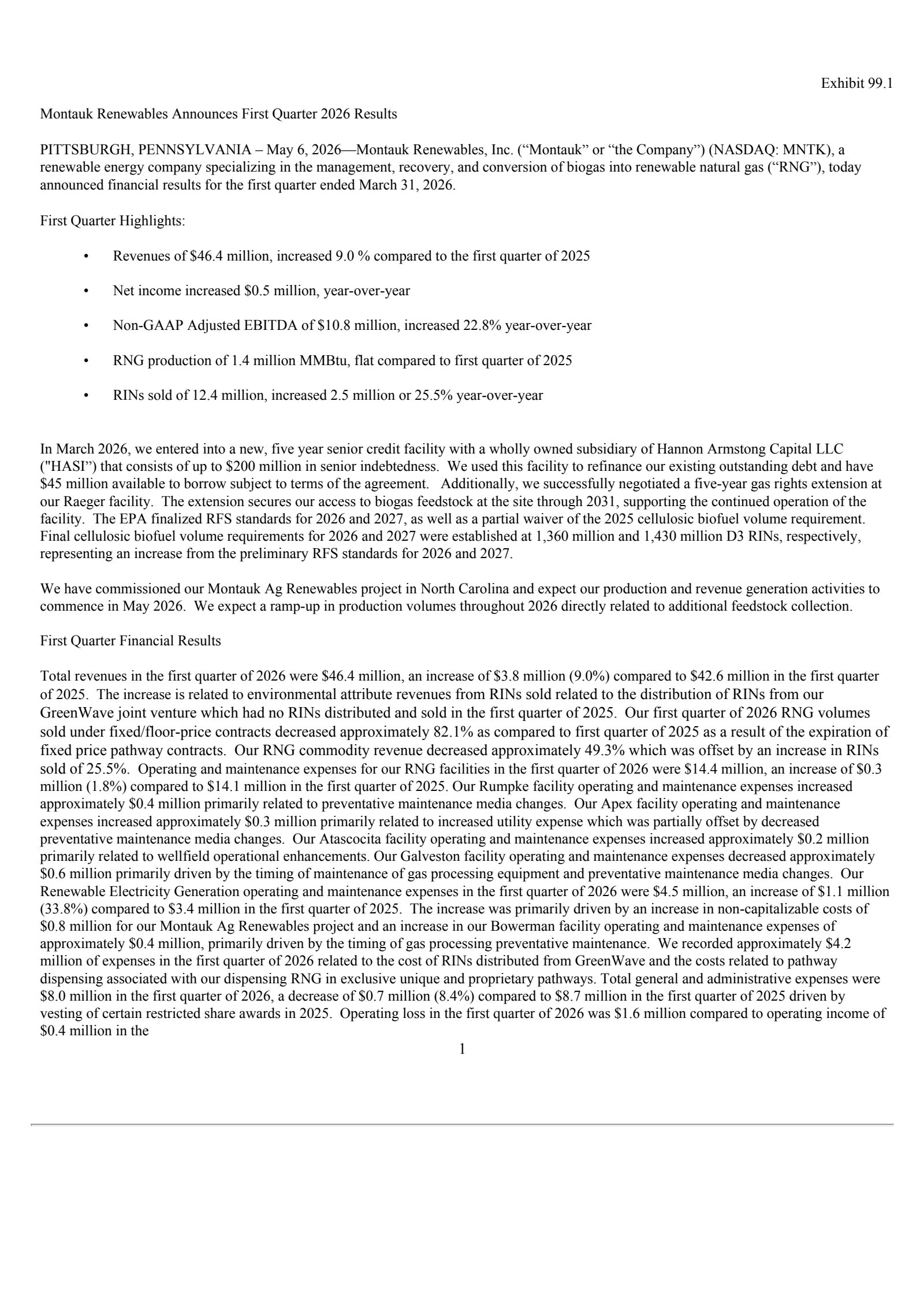 Montauk Renewables' Q1 2026 Press Release