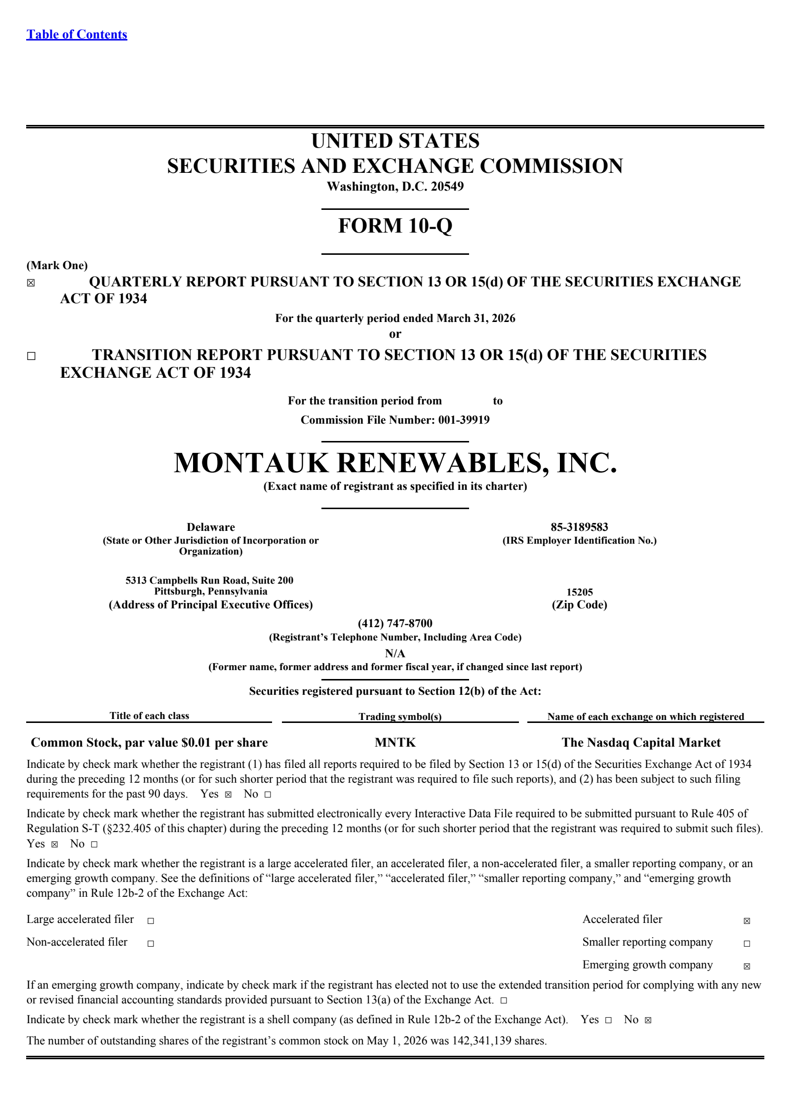 Montauk Renewables' Q1 2026 Quarterly report