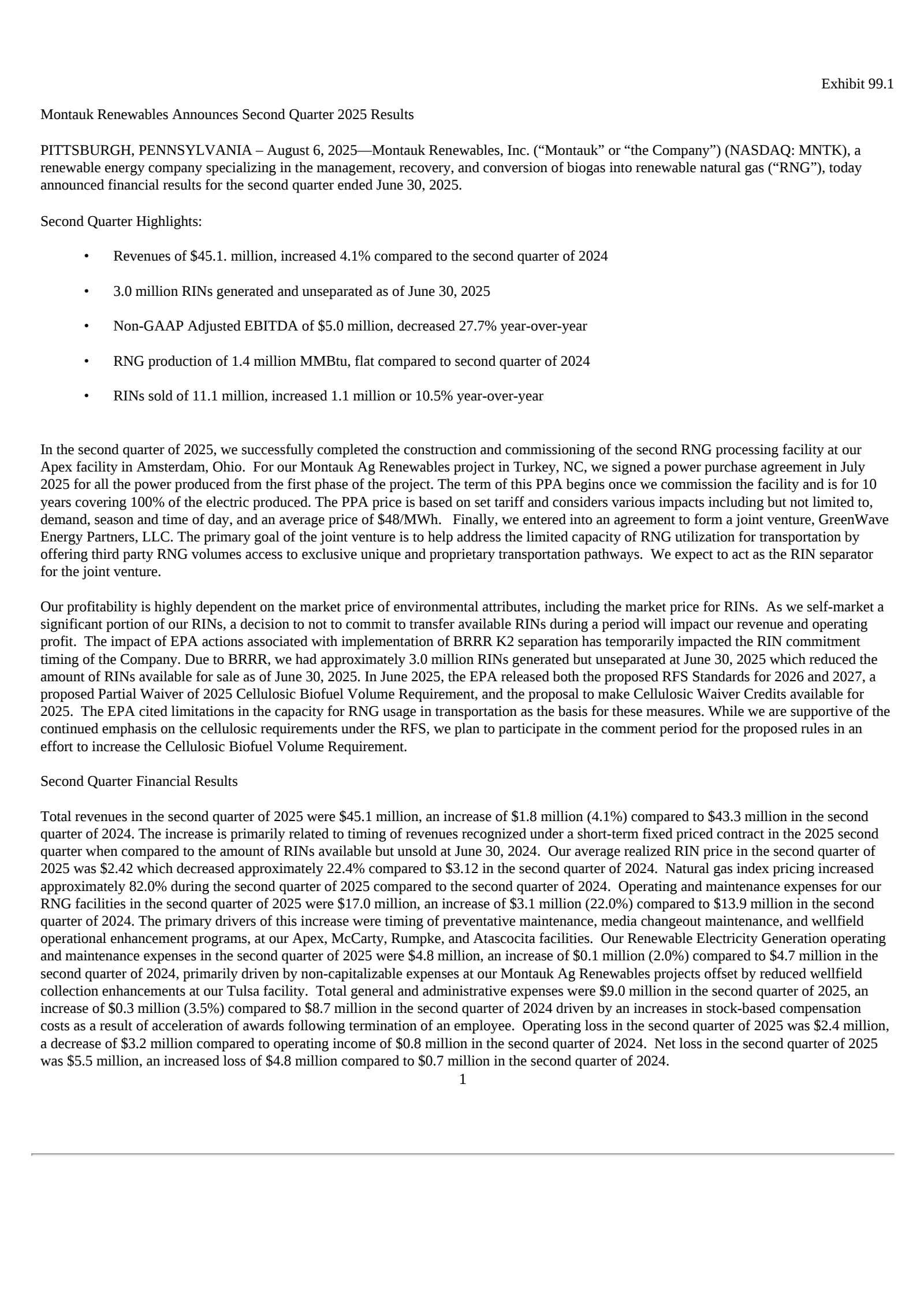 Montauk Renewables' Q2 2025 Press Release