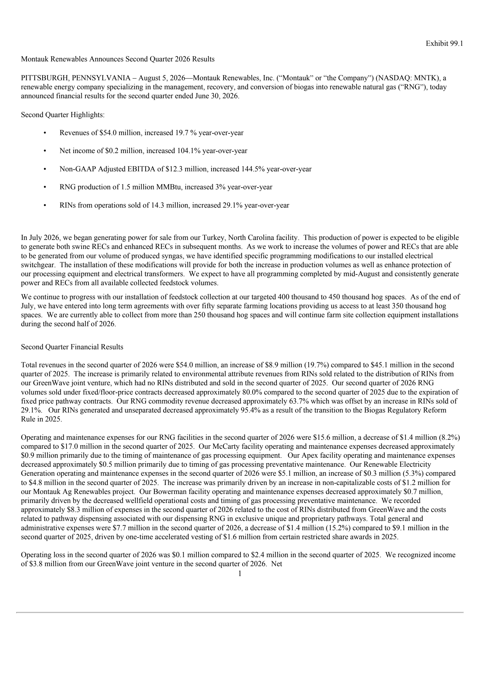 Montauk Renewables' Q2 2026 Press Release