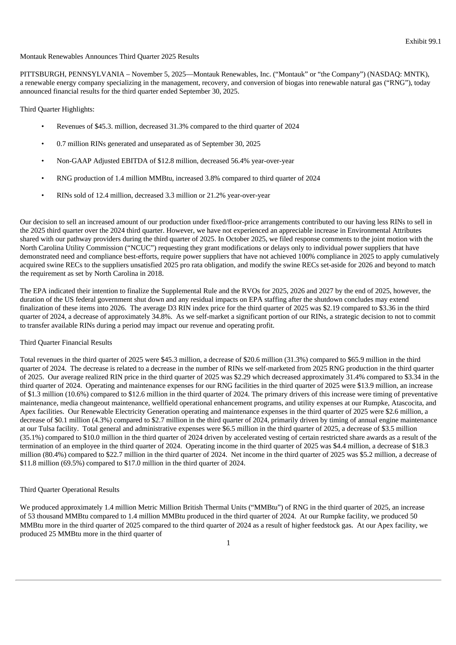 Montauk Renewables' Q3 2025 Earnings Release