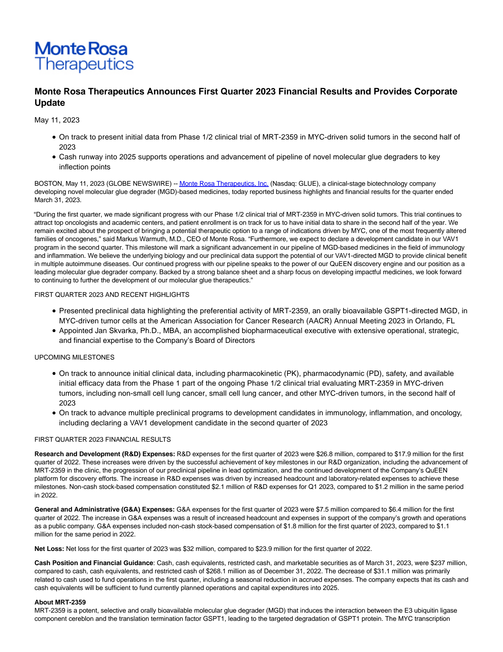 Monte Rosa Therapeutics' Q1 2023 Press Release