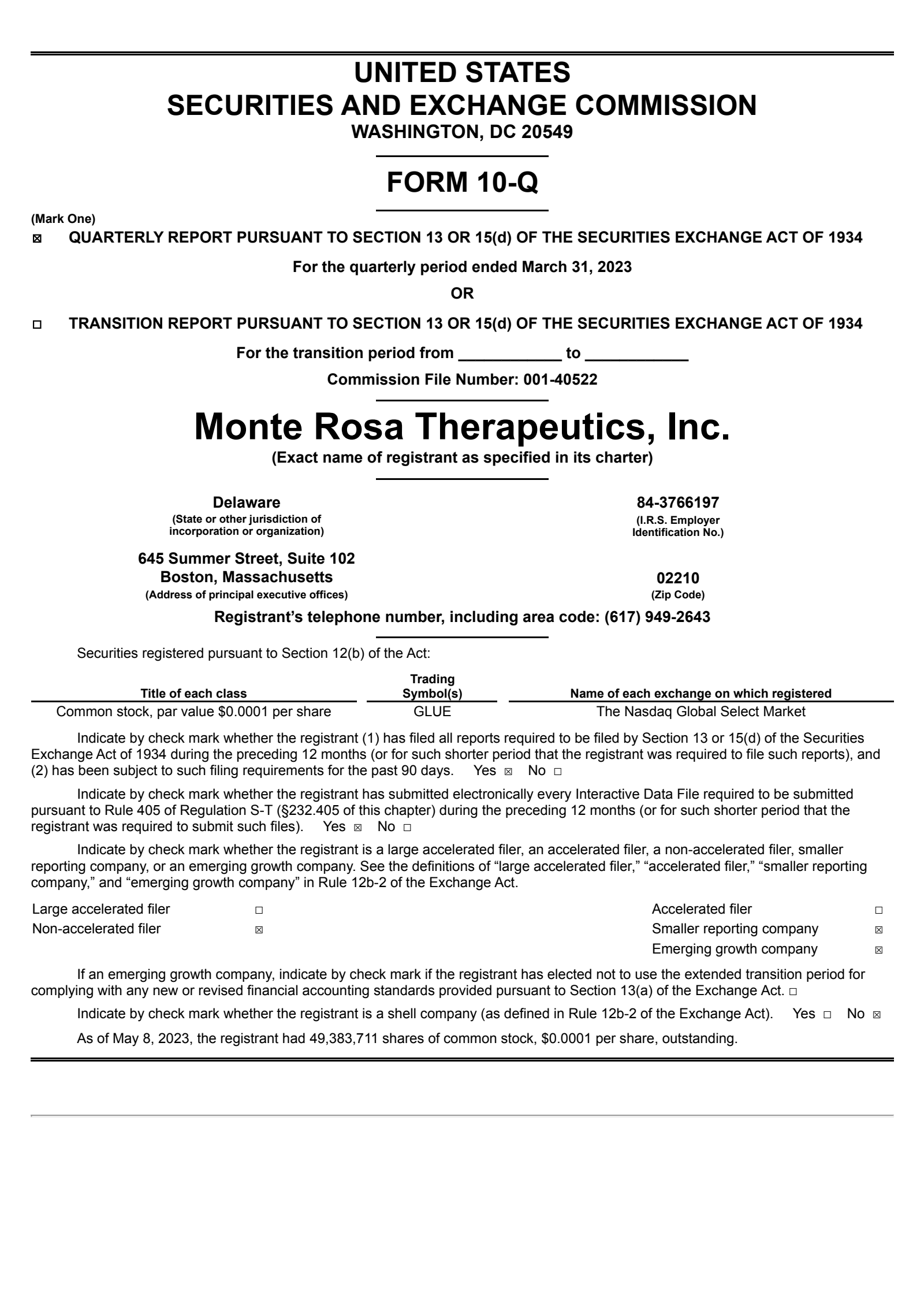 Monte Rosa Therapeutics' Q1 2023 Quarterly report