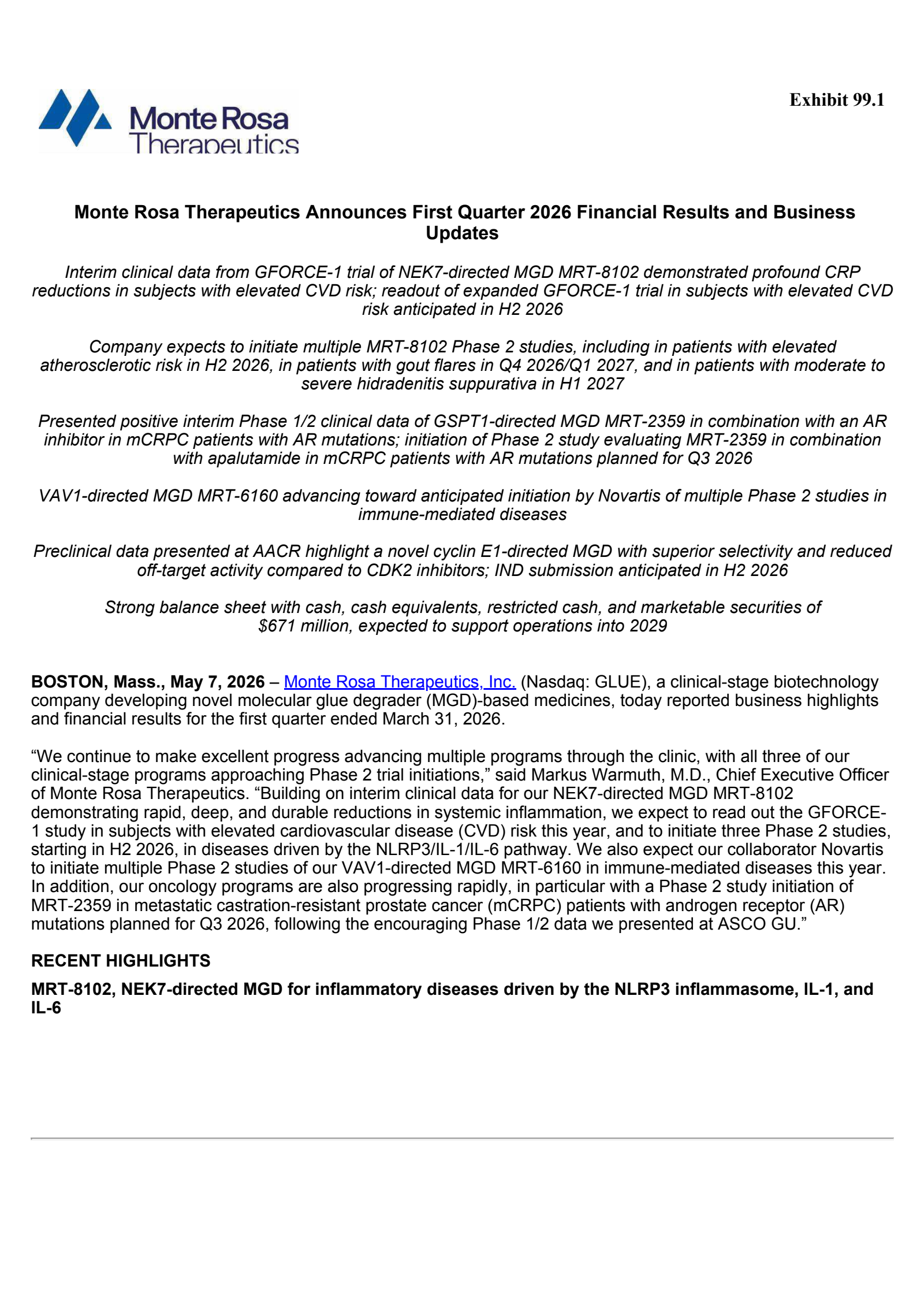 Monte Rosa Therapeutics' Q1 2026 Press Release