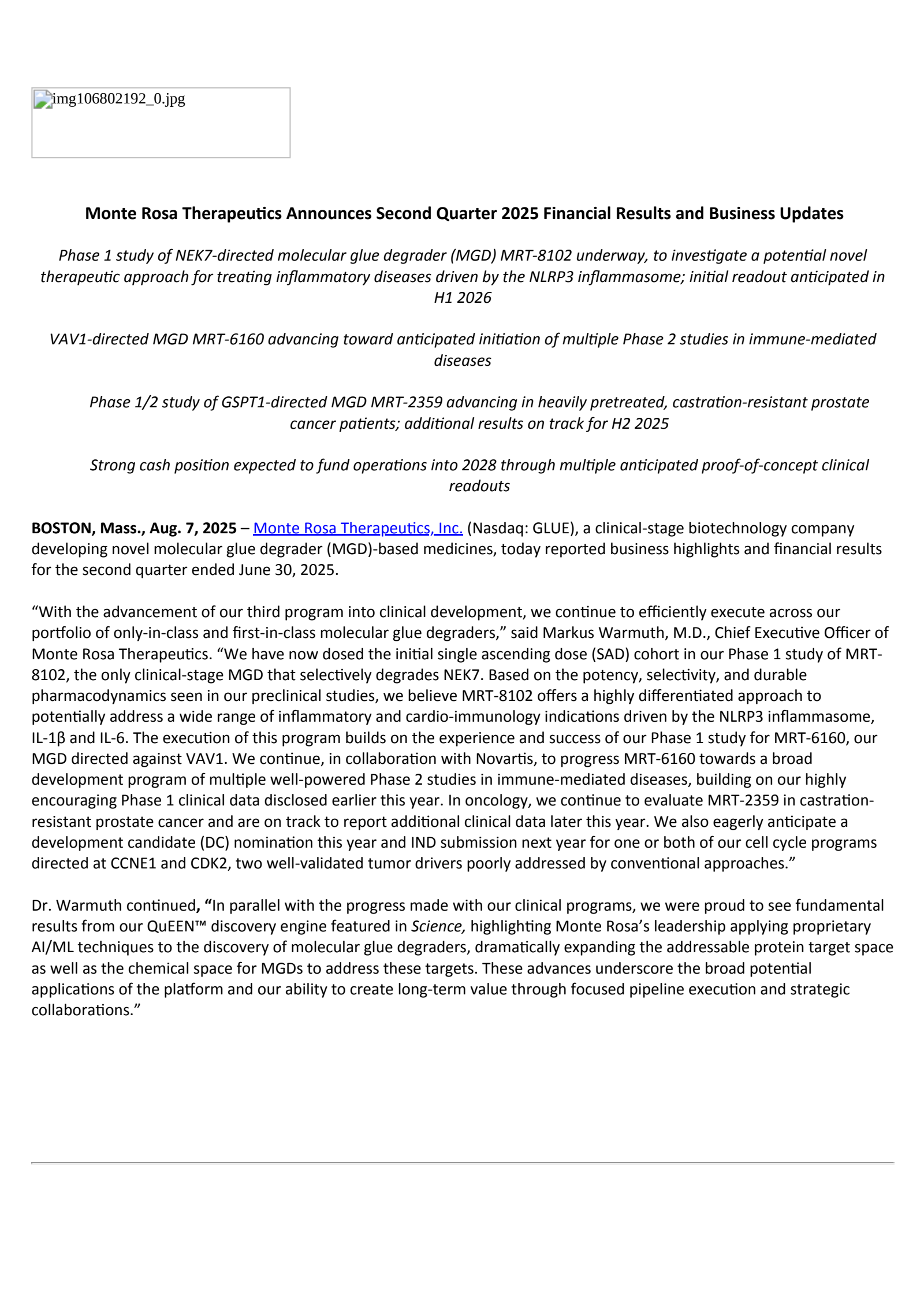 Monte Rosa Therapeutics' Q2 2025 Press Release