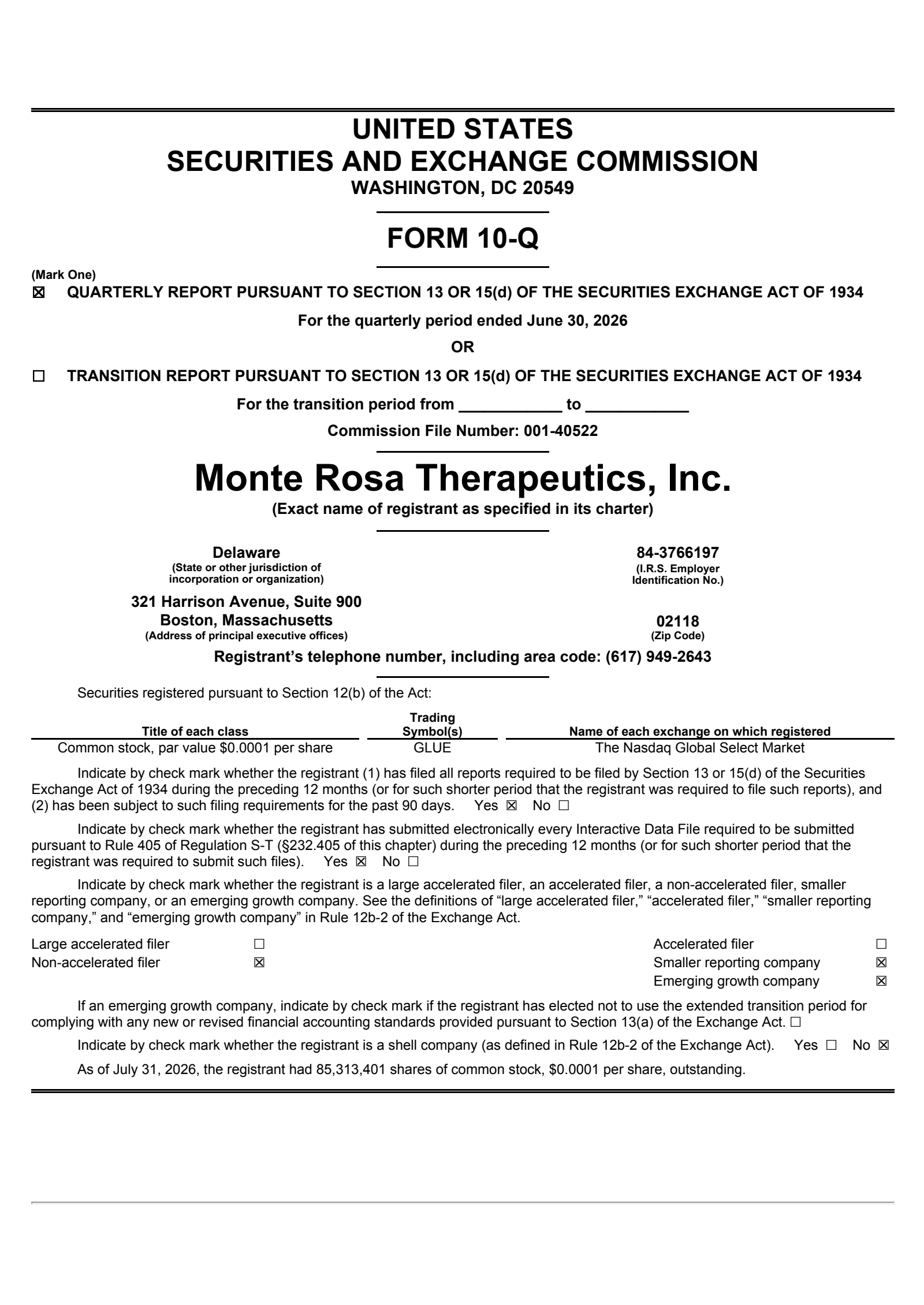Monte Rosa Therapeutics' Q2 2026 Quarterly report