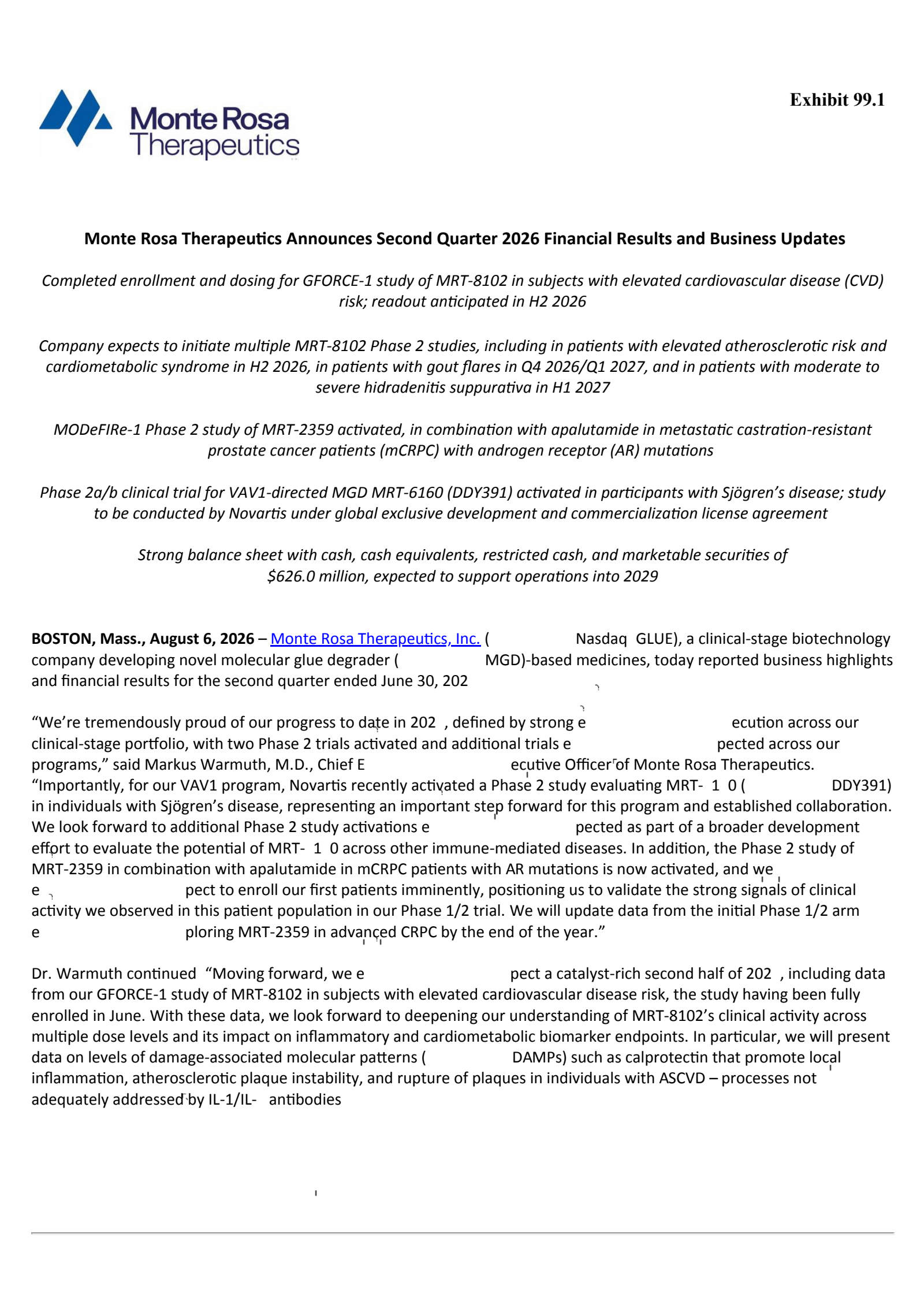 Monte Rosa Therapeutics' Q2 2026 Press Release