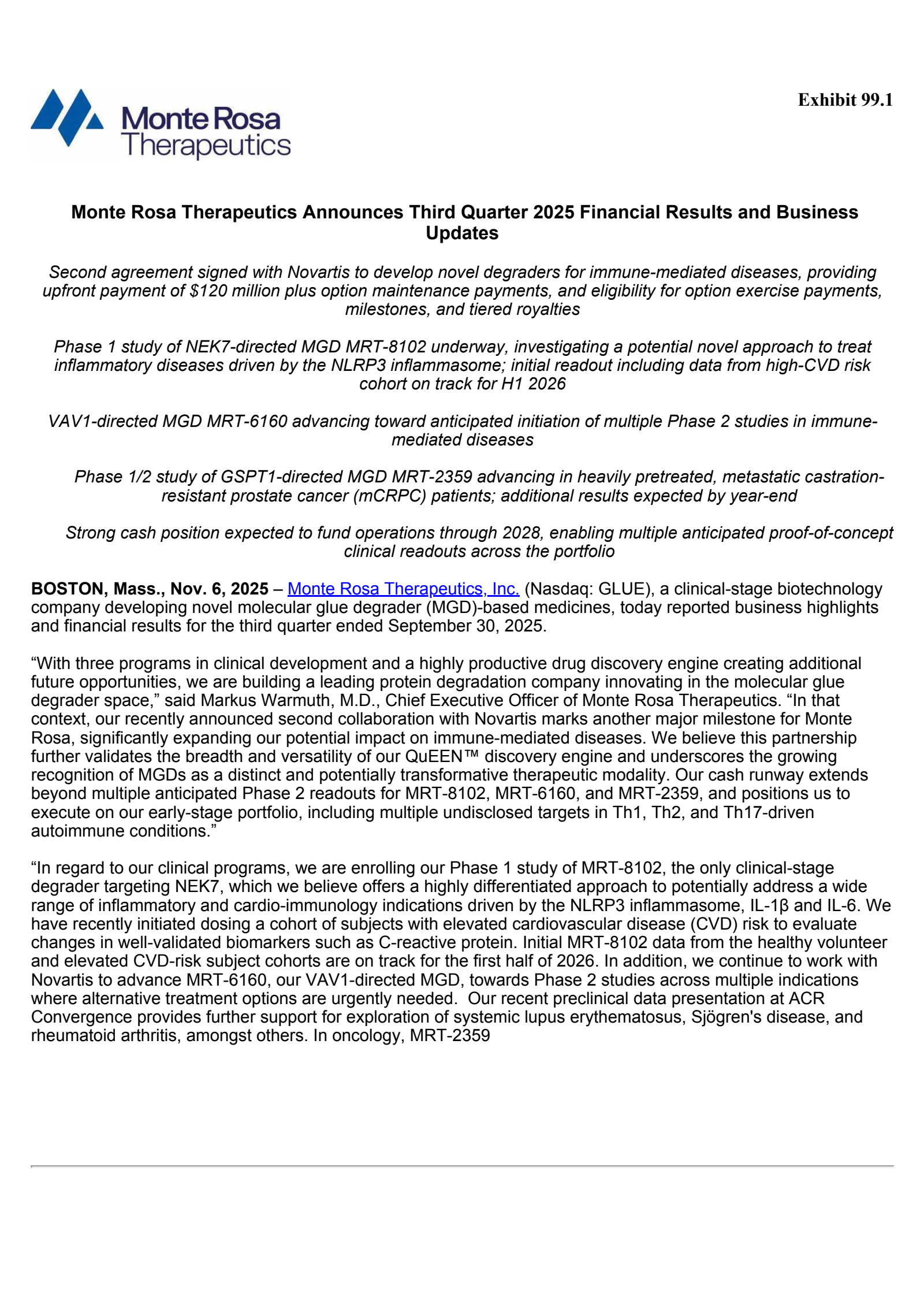 Monte Rosa Therapeutics' Q3 2025 Earnings Release