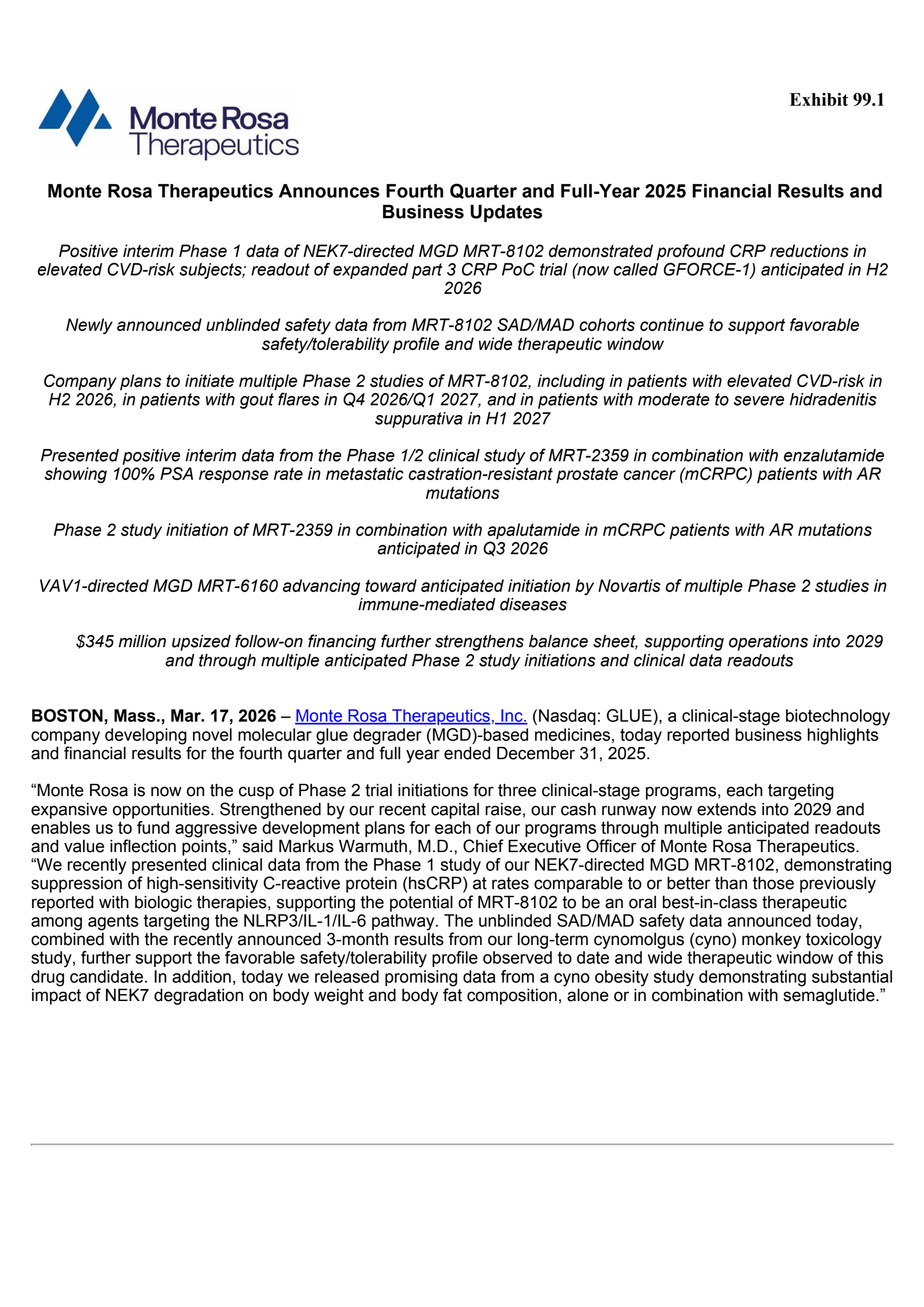 Monte Rosa Therapeutics' Q4 2025 Press Release