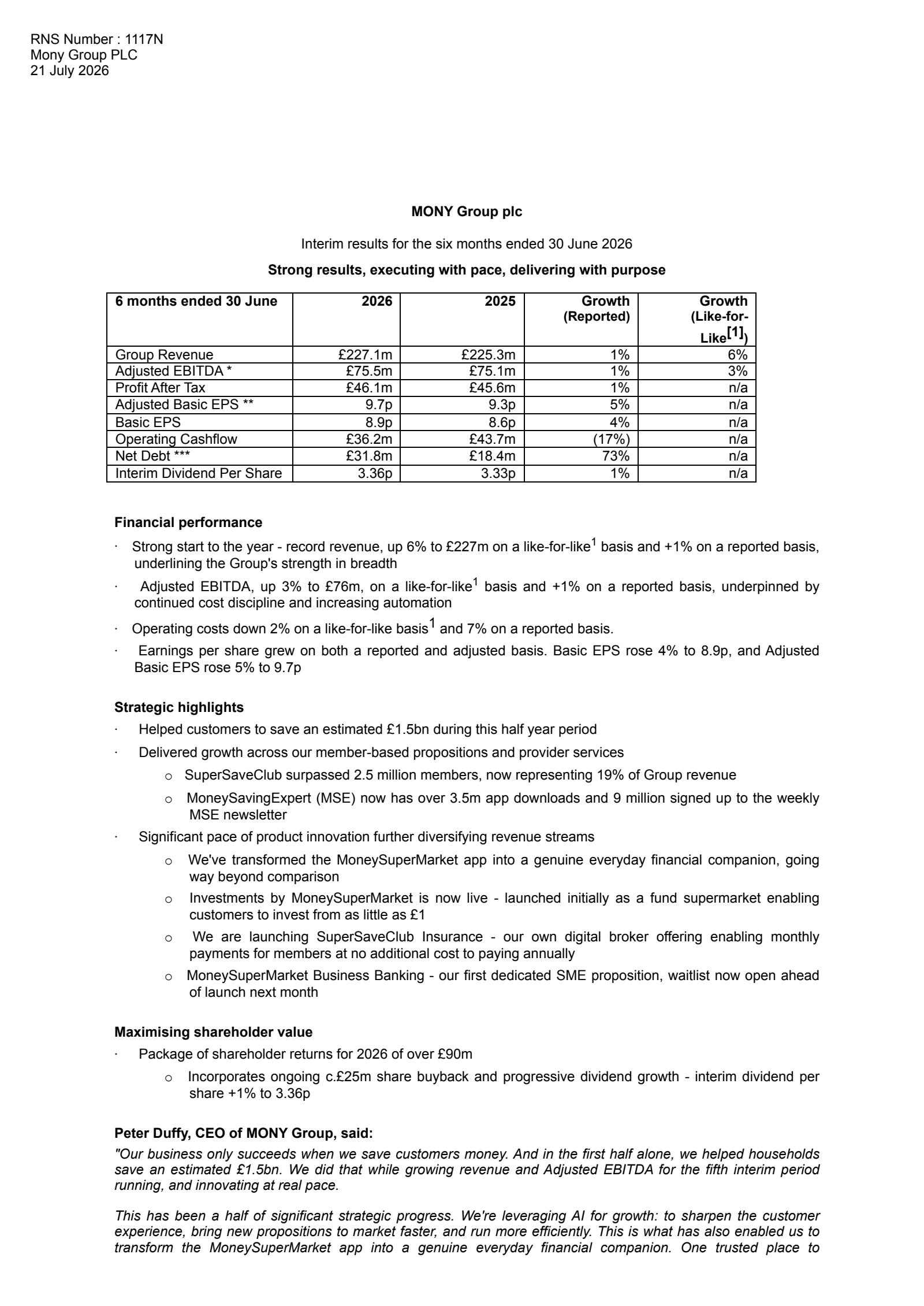 Mony Group's H1 2026 Interim report