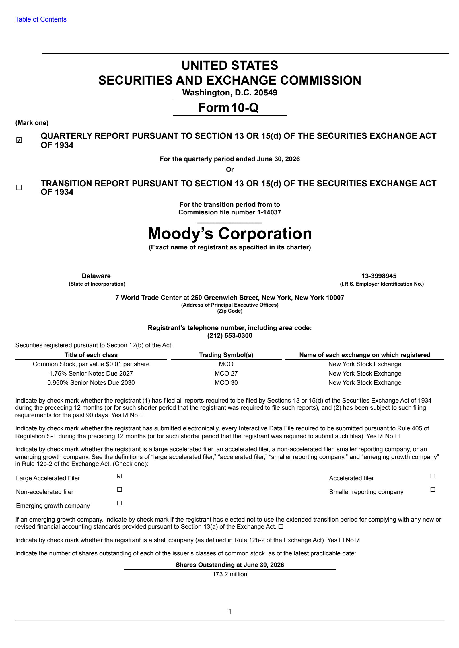 Moody's' Q2 2026 Quarterly report